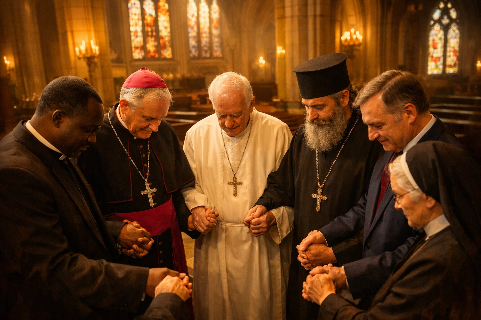 Christian leaders from diverse denominations praying together in unity