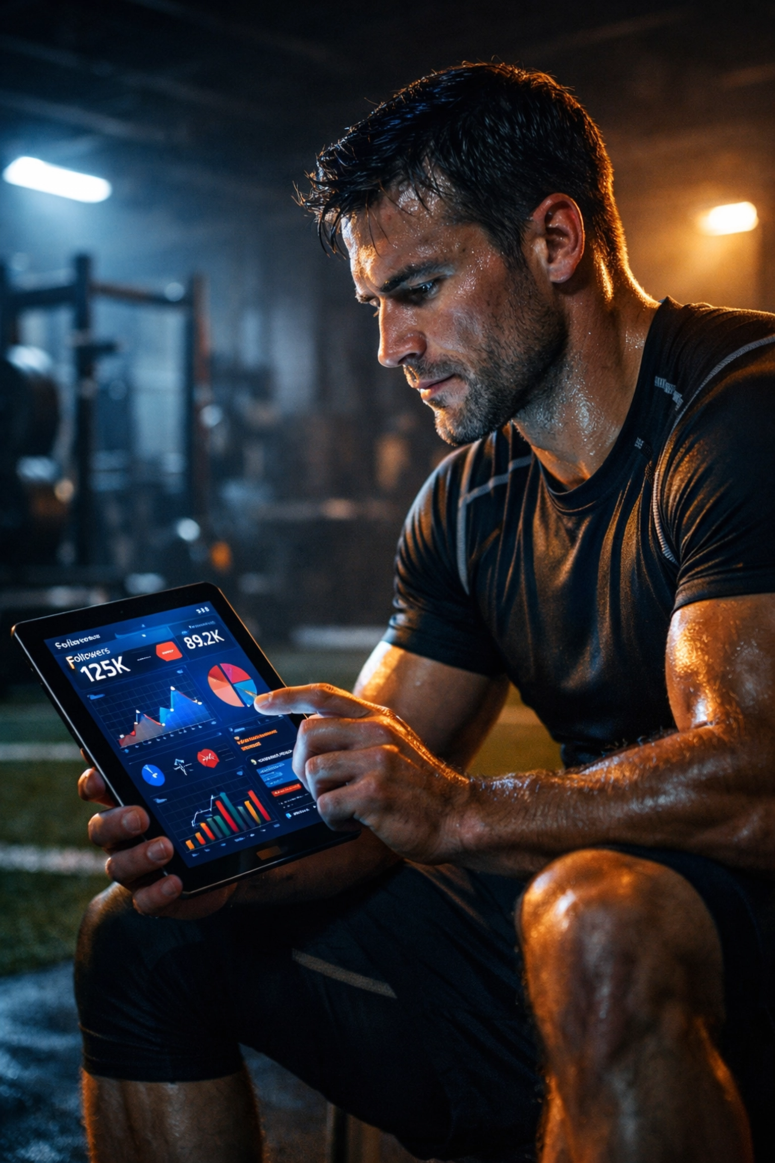 Athlete in a training facility analyzing NIL marketing data on a digital tablet for Super Bowl prep.