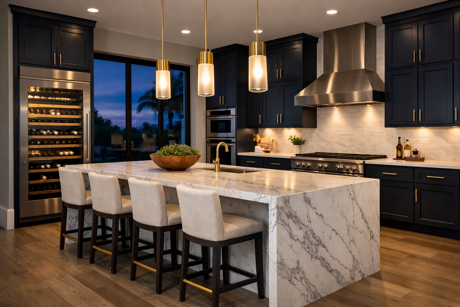 High-quality Orlando kitchen renovation featuring a marble waterfall island and elegant navy cabinetry.