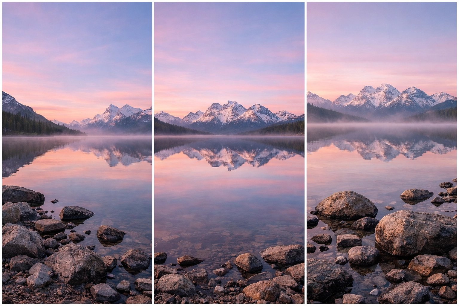 Three different landscape compositions of a mountain lake illustrating how to break photography rules intentionally.