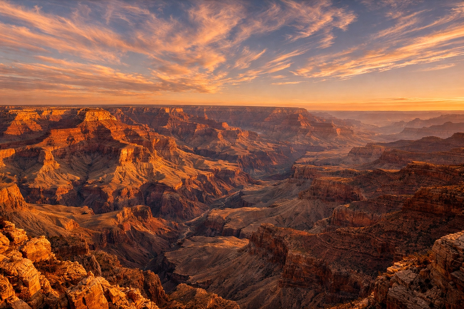 Expansive canyon panorama at sunset, utilizing landscape photography tips to capture grand vistas and scale.