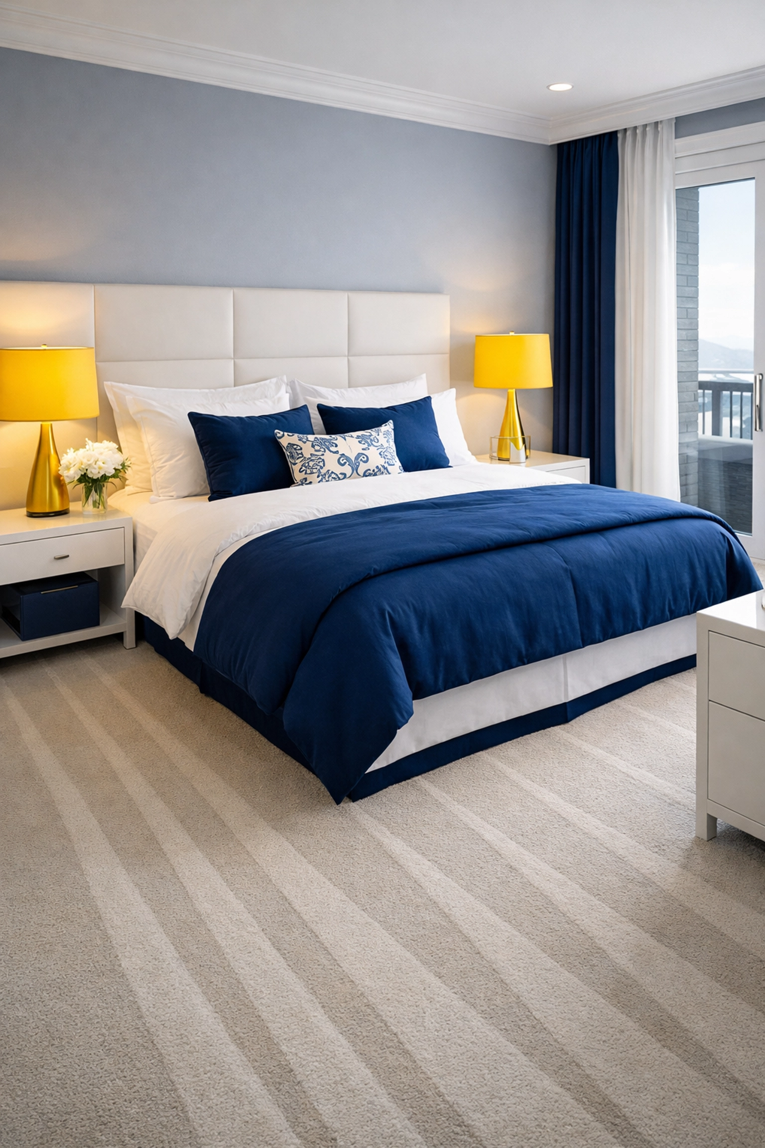 Tidy bedroom with vacuum lines on the carpet, demonstrating professional weekly house cleaning standards in Marlborough.