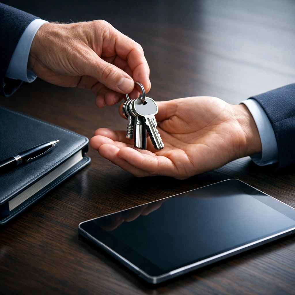 Symbolic transfer of Alabama business ownership with keys and a tablet on a desk.