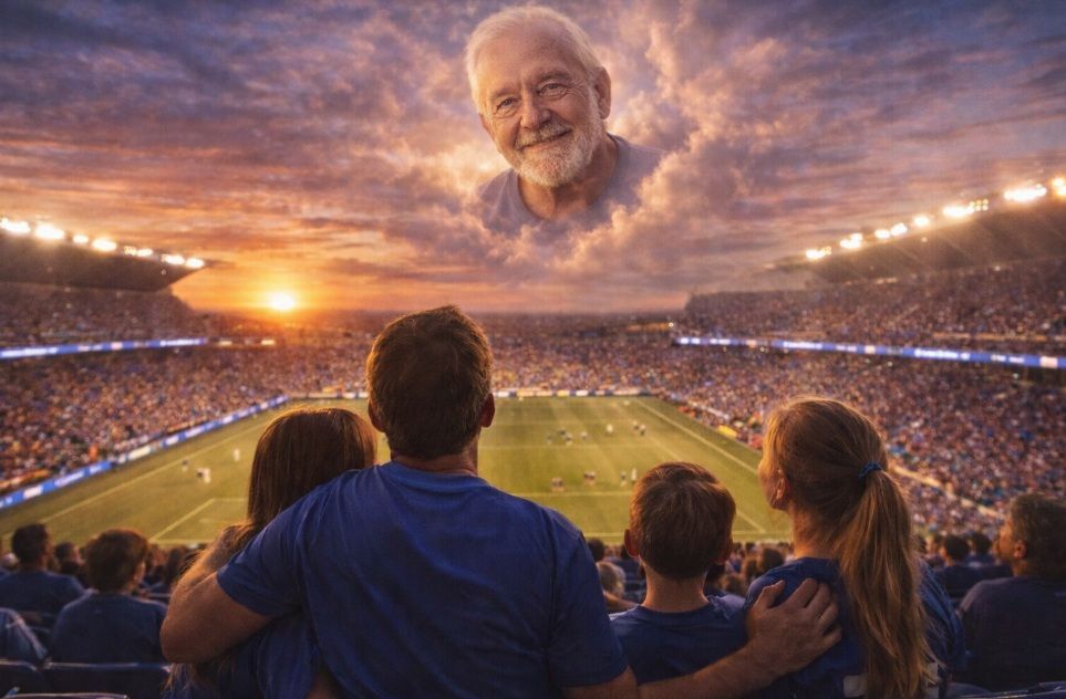 A family in matching blue shirts sits together in a crowded football stadium at sunset, gazing towards the field.