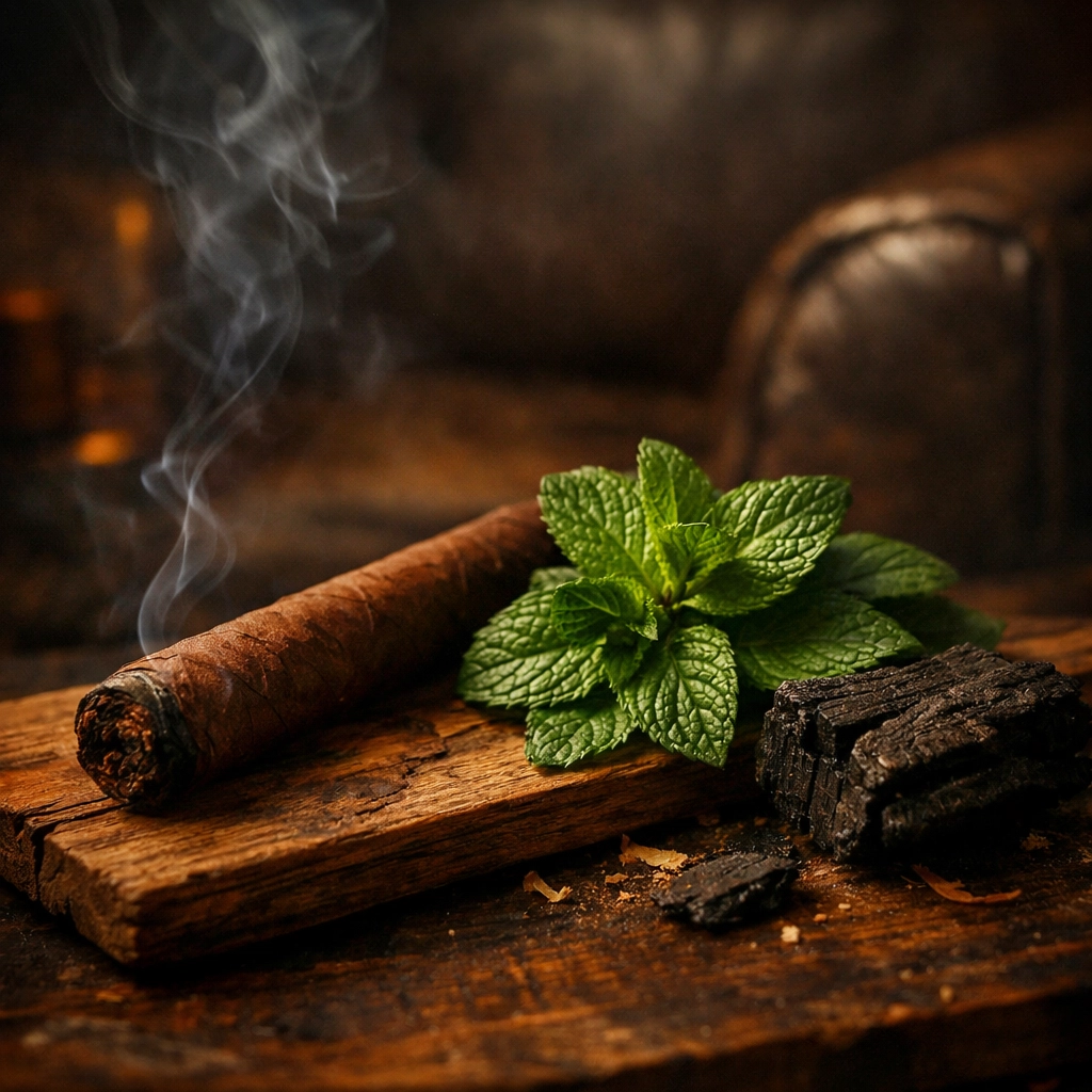 Masculine scent profile elements including tobacco, cedar wood, and fresh peppermint for beard care.