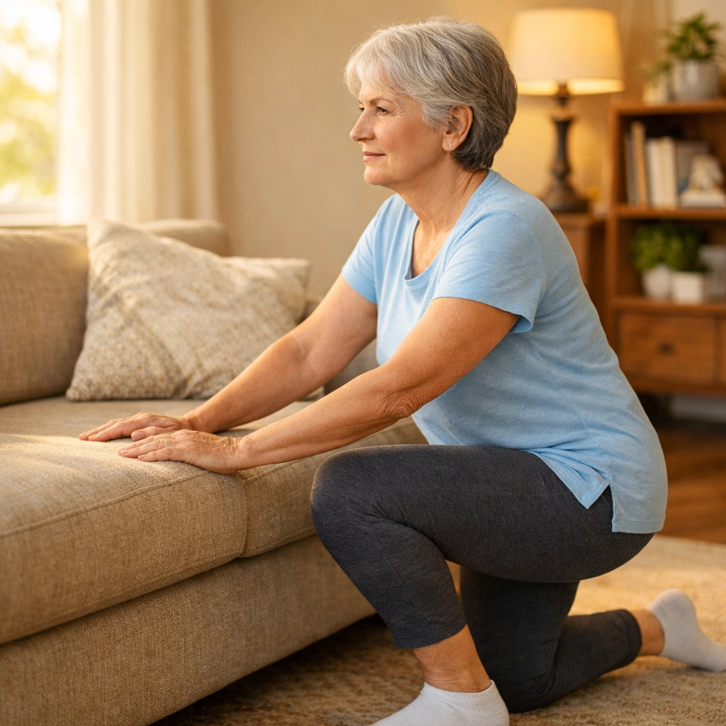Senior woman in half-kneeling position using couch support to get up after fall