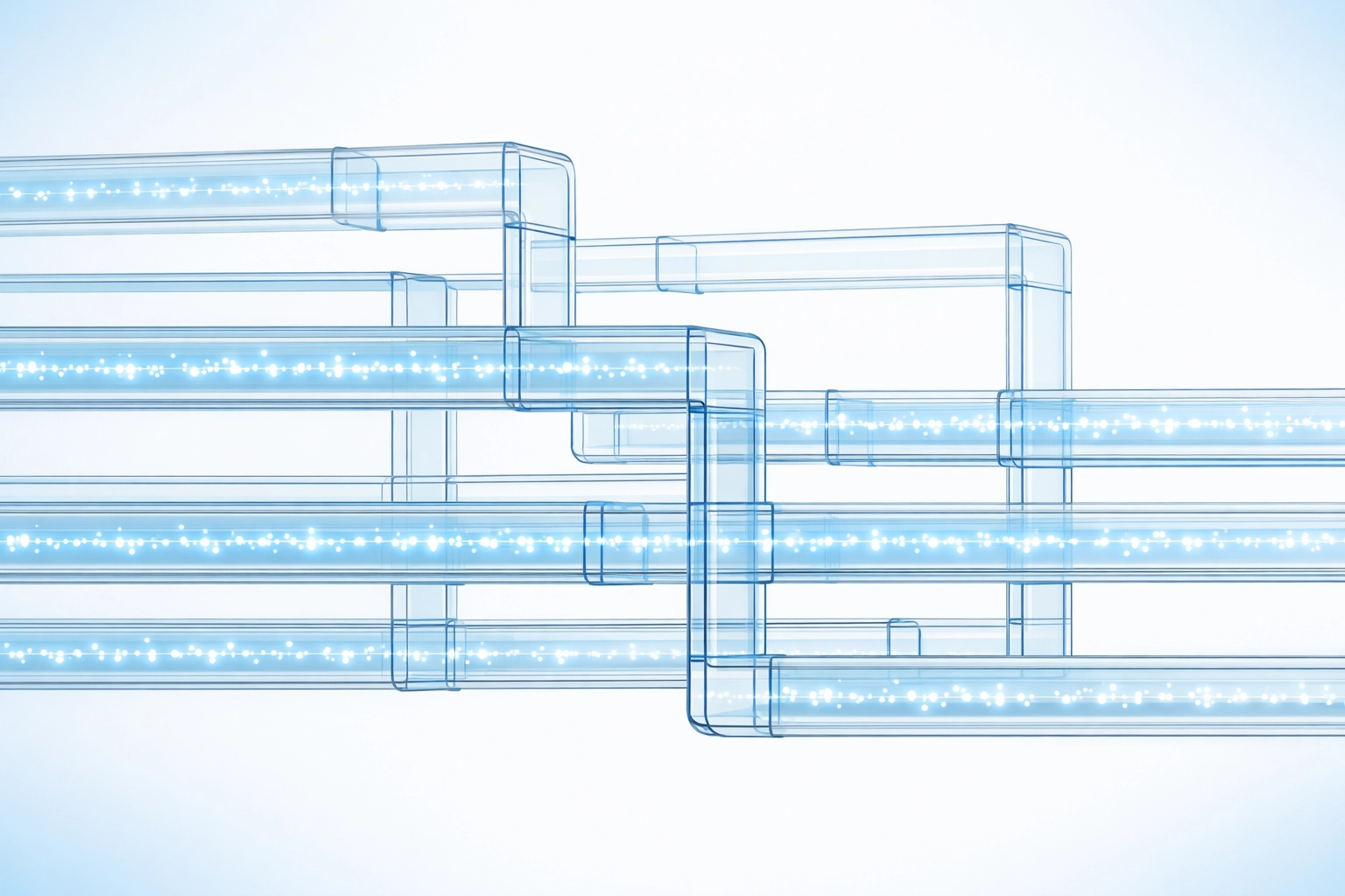 Digital data flow through transparent conduits representing enterprise-wide visibility and transformation.