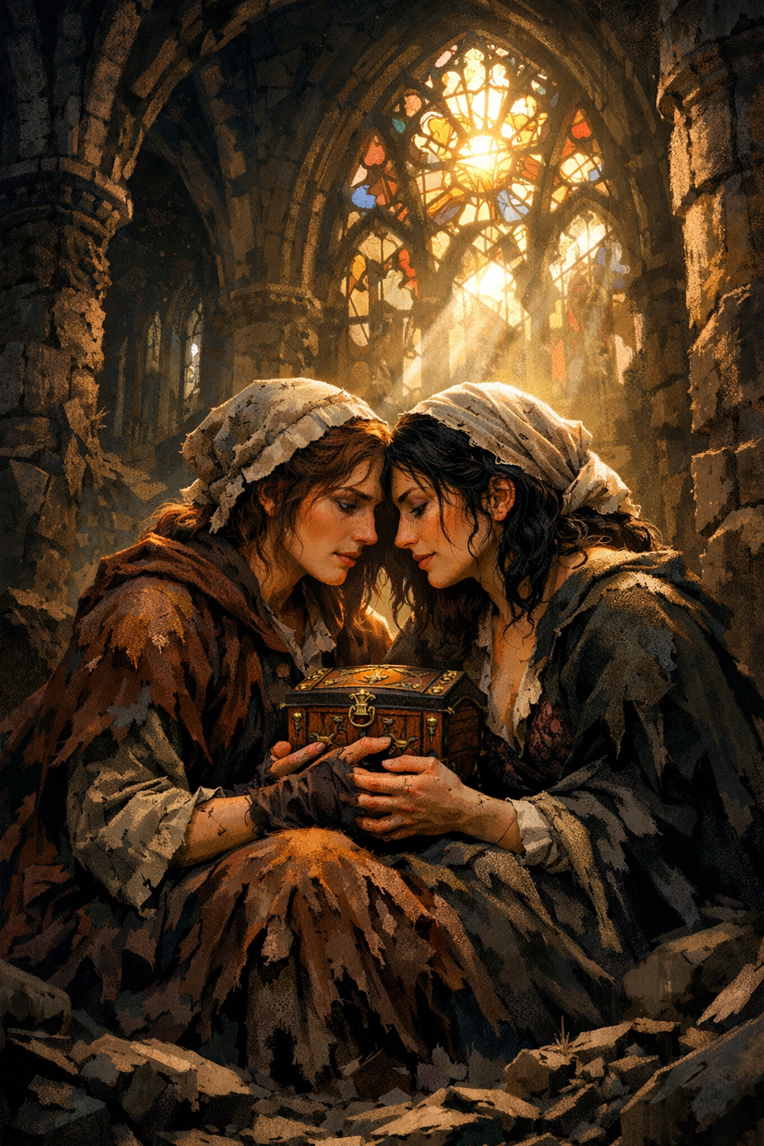 Two women in historical attire huddling together, depicting a gay love story in a dark horror setting.