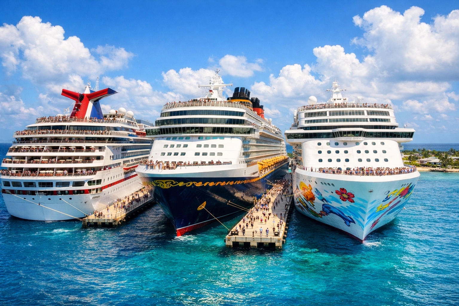 Three major cruise ships docked at Caribbean port showing Carnival, Royal Caribbean, and NCL options