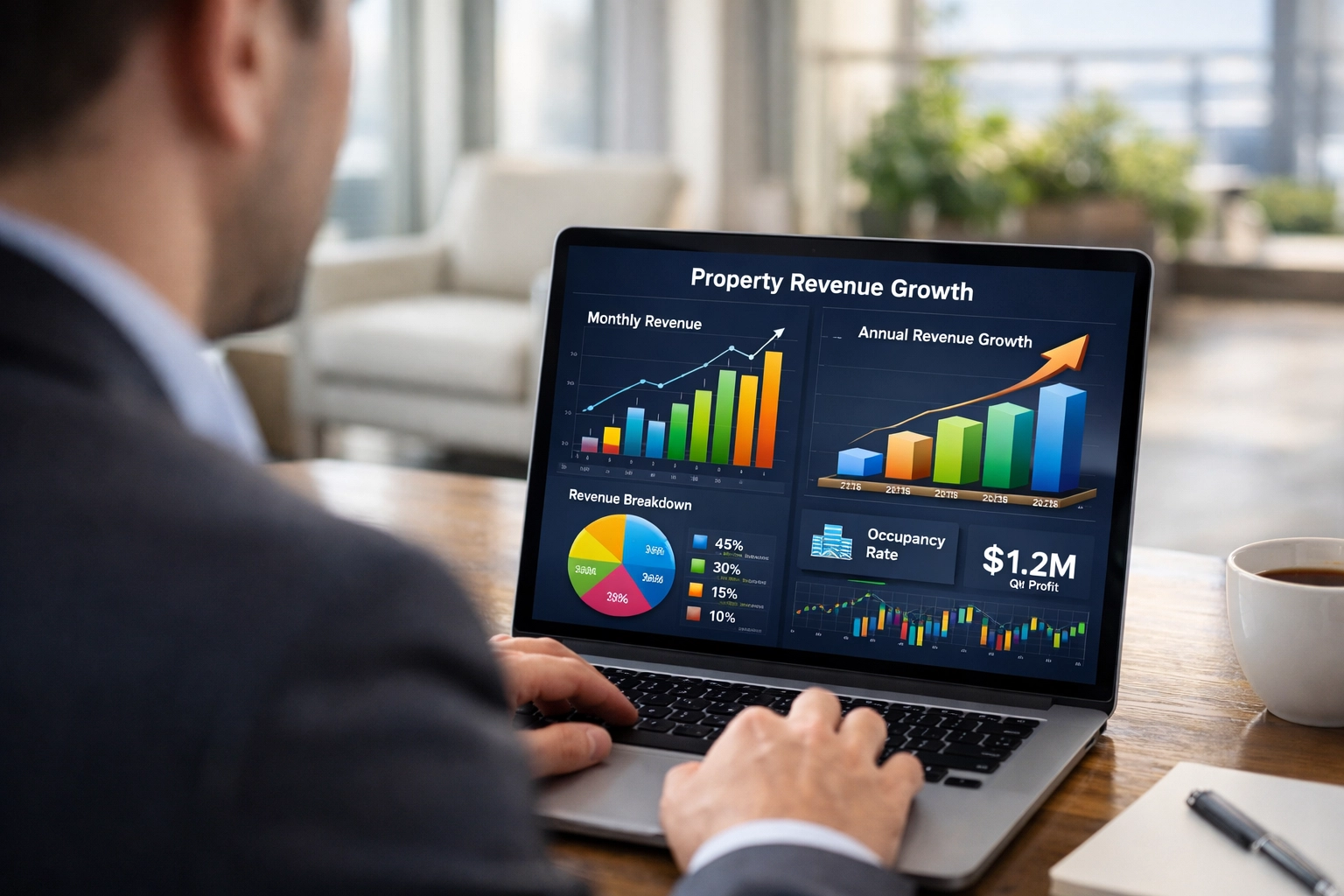 Laptop screen displaying dynamic pricing data and revenue growth for Airbnb management Vancouver.