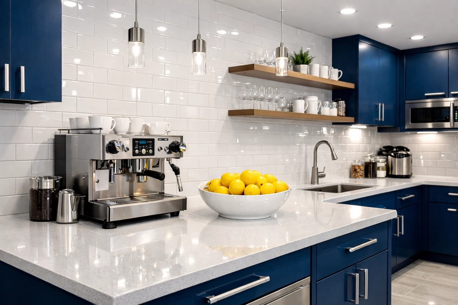 Sanitized office breakroom in Leominster with sparkling countertops and clean subway tiles.