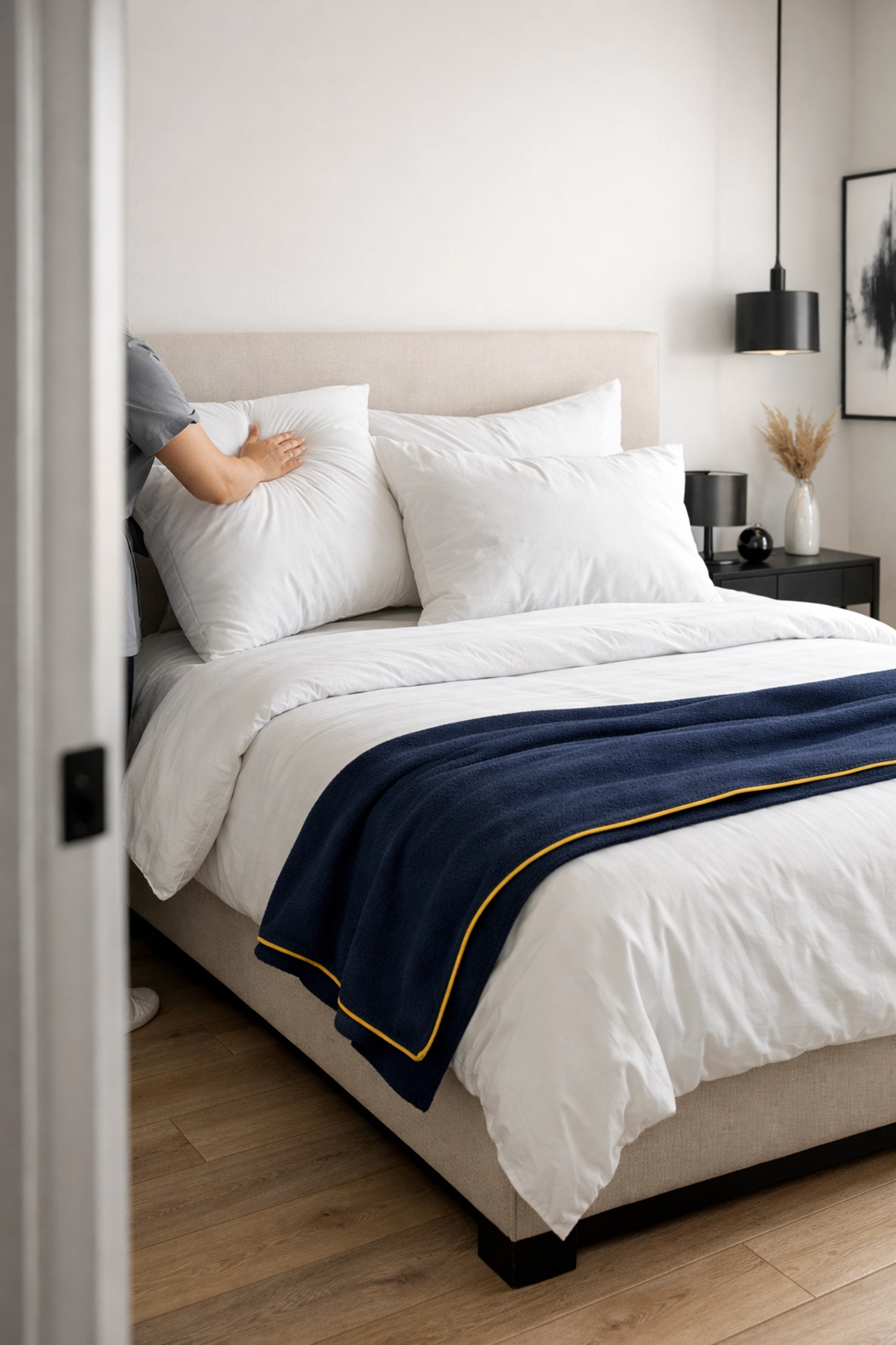 A perfectly maintained minimalist bedroom featuring fresh linens as part of a weekly house cleaning routine.