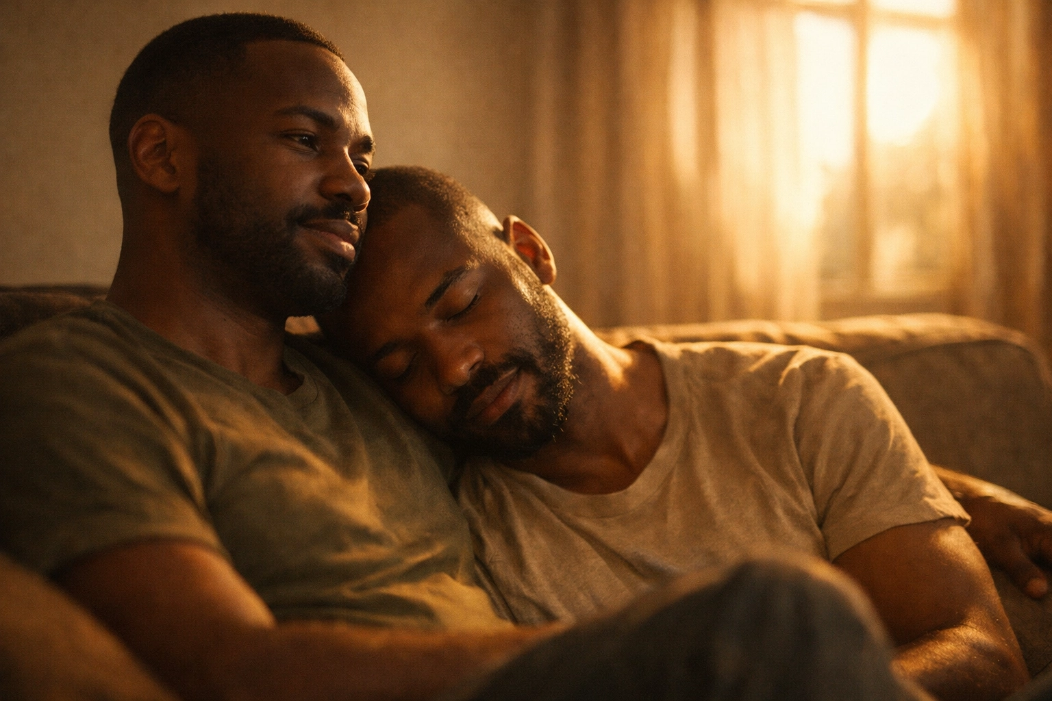 Two Black gay men embracing on couch, offering comfort and support