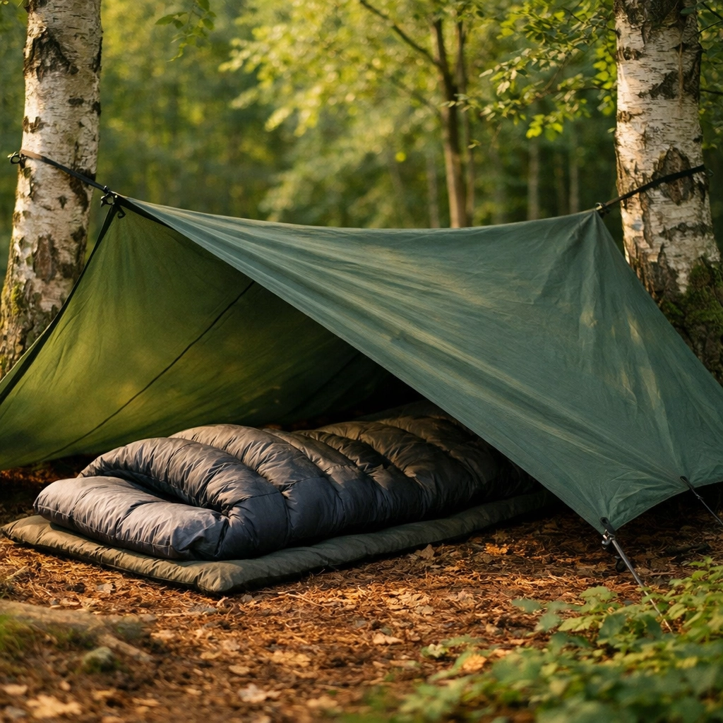 A minimalist green tarp shelter pitched between birch trees for a wild camping guided UK trip.