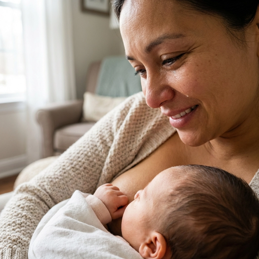 Mother gazing peacefully at nursing baby showing relief from pain-free breastfeeding success