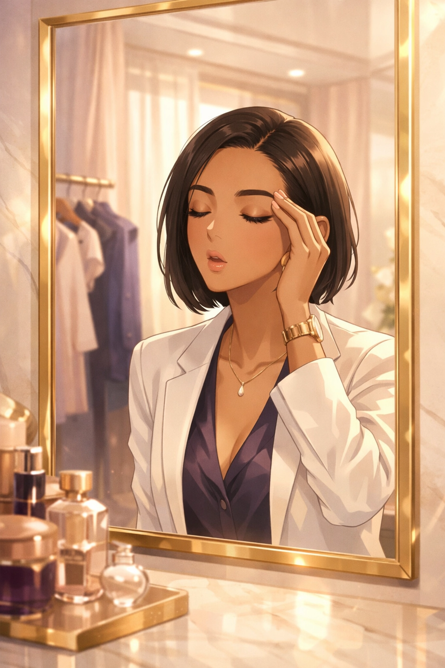 Confident woman with perfect nano brows in a luxury mirror, showcasing expert brow artistry near Horsham and Warminster.