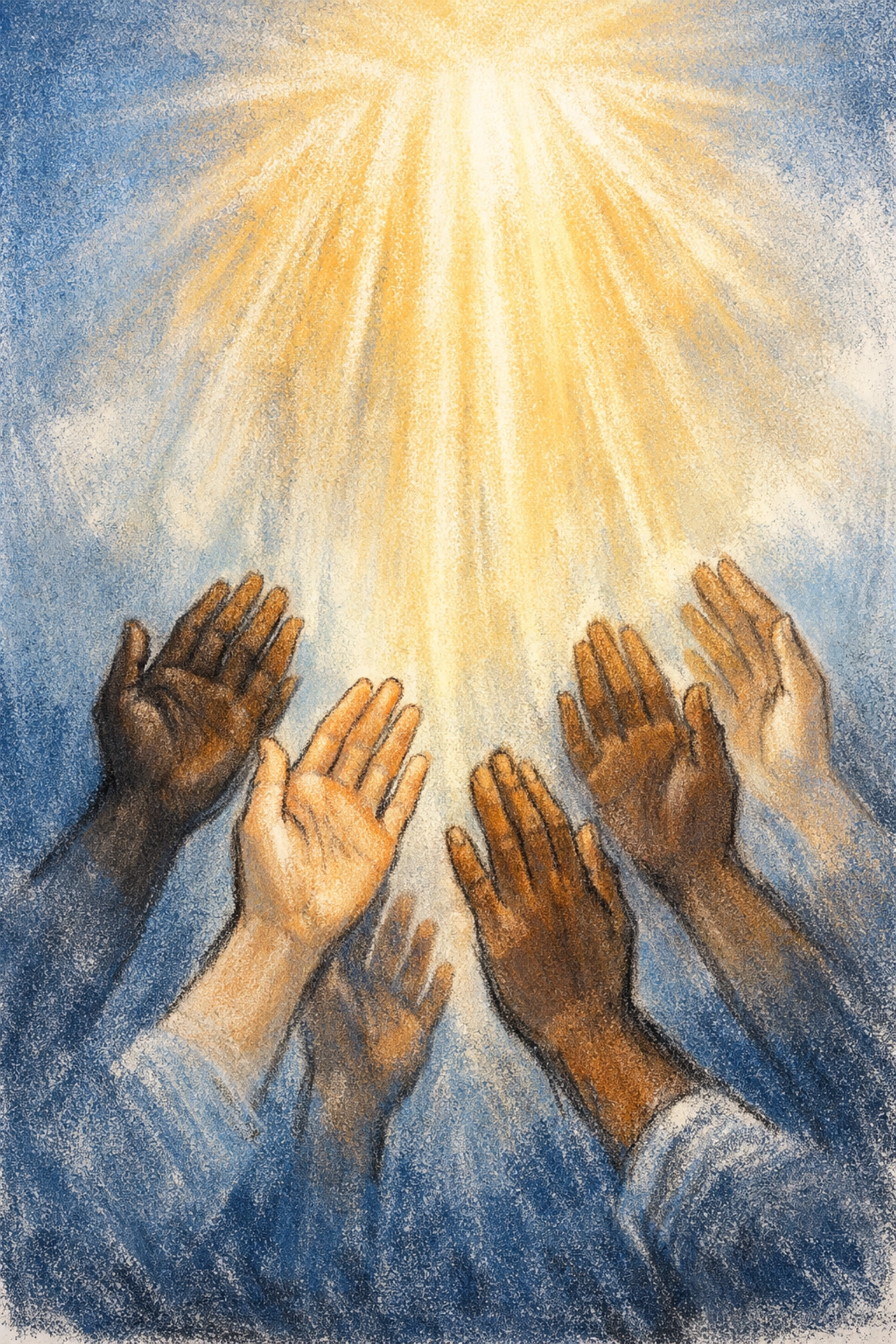 Diverse hands reaching upward in prayer for divine healing and faith