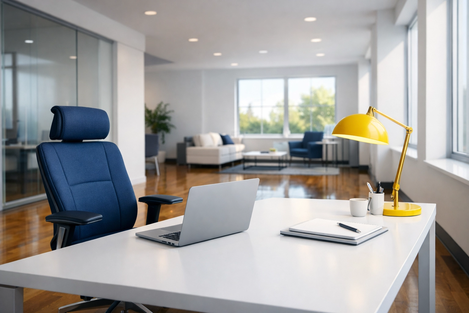 Modern office space in Maynard featuring a clean desk and organized workspace after professional office cleaning.