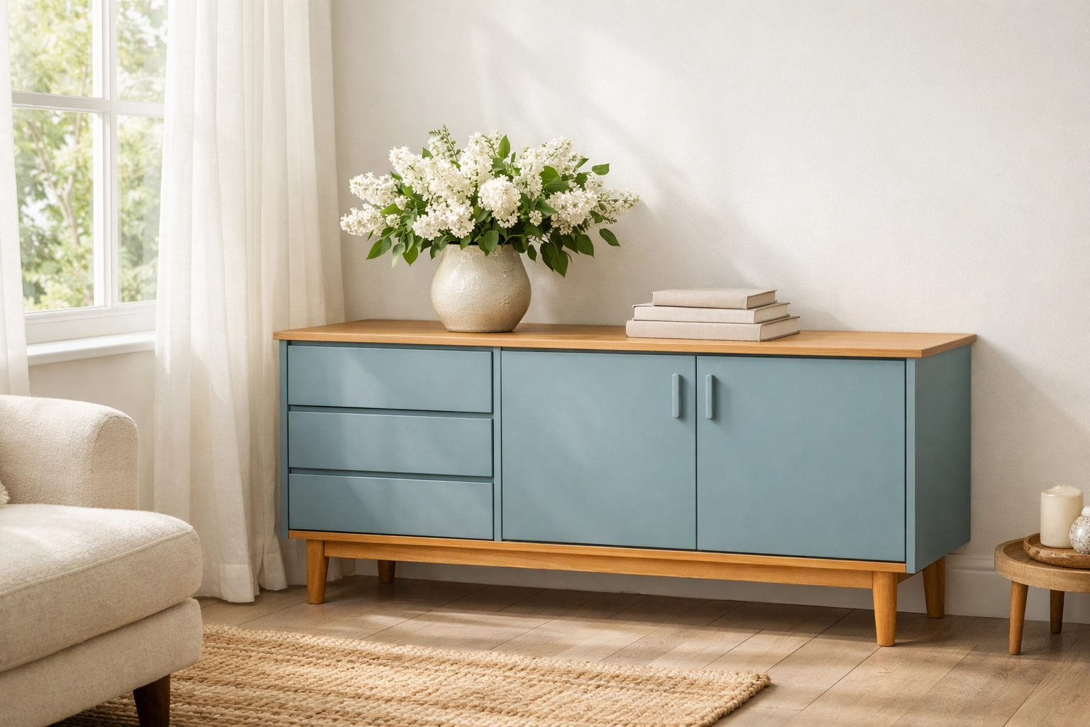 Refinished mid-century sideboard in duck-egg blue, a perfect example of professional furniture refinishing for spring.