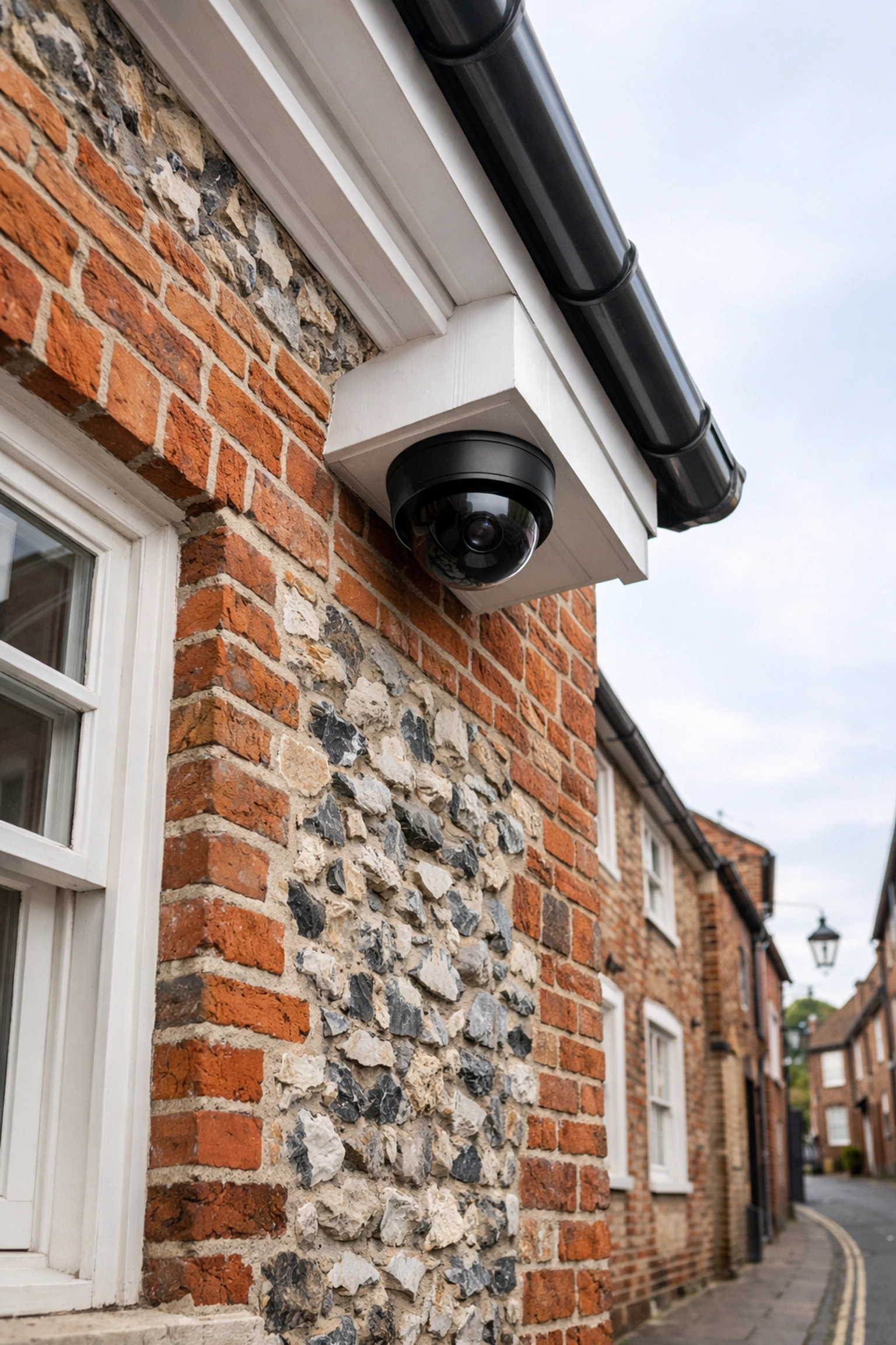 Discreet CCTV camera installation on a Winchester townhouse for professional home security and deterrence.