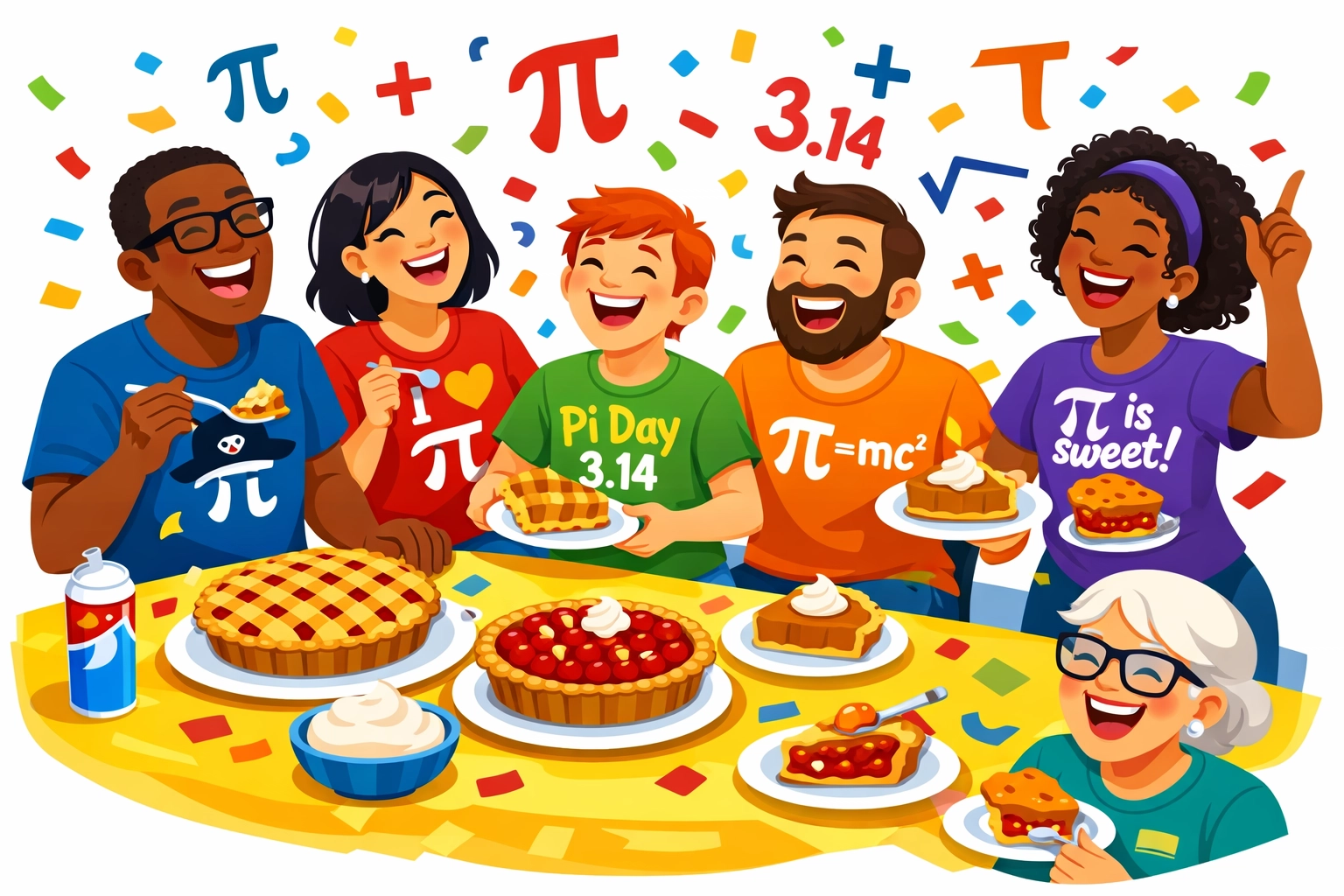 Group celebrating Pi Day with pies wearing funny math t-shirts at festive dessert party
