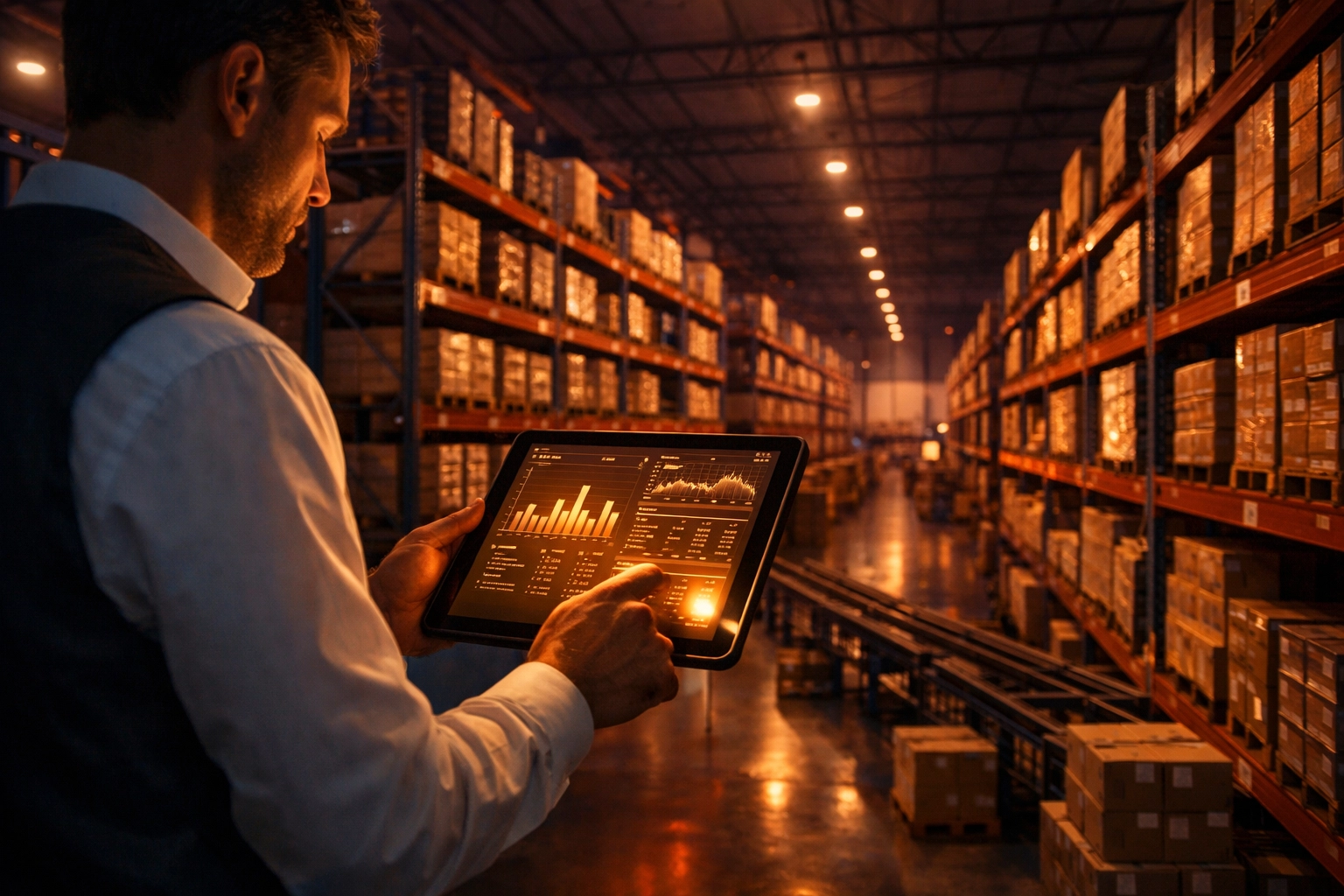 Logistics expert auditing inventory management for ecommerce using a tablet in a modern fulfillment center.