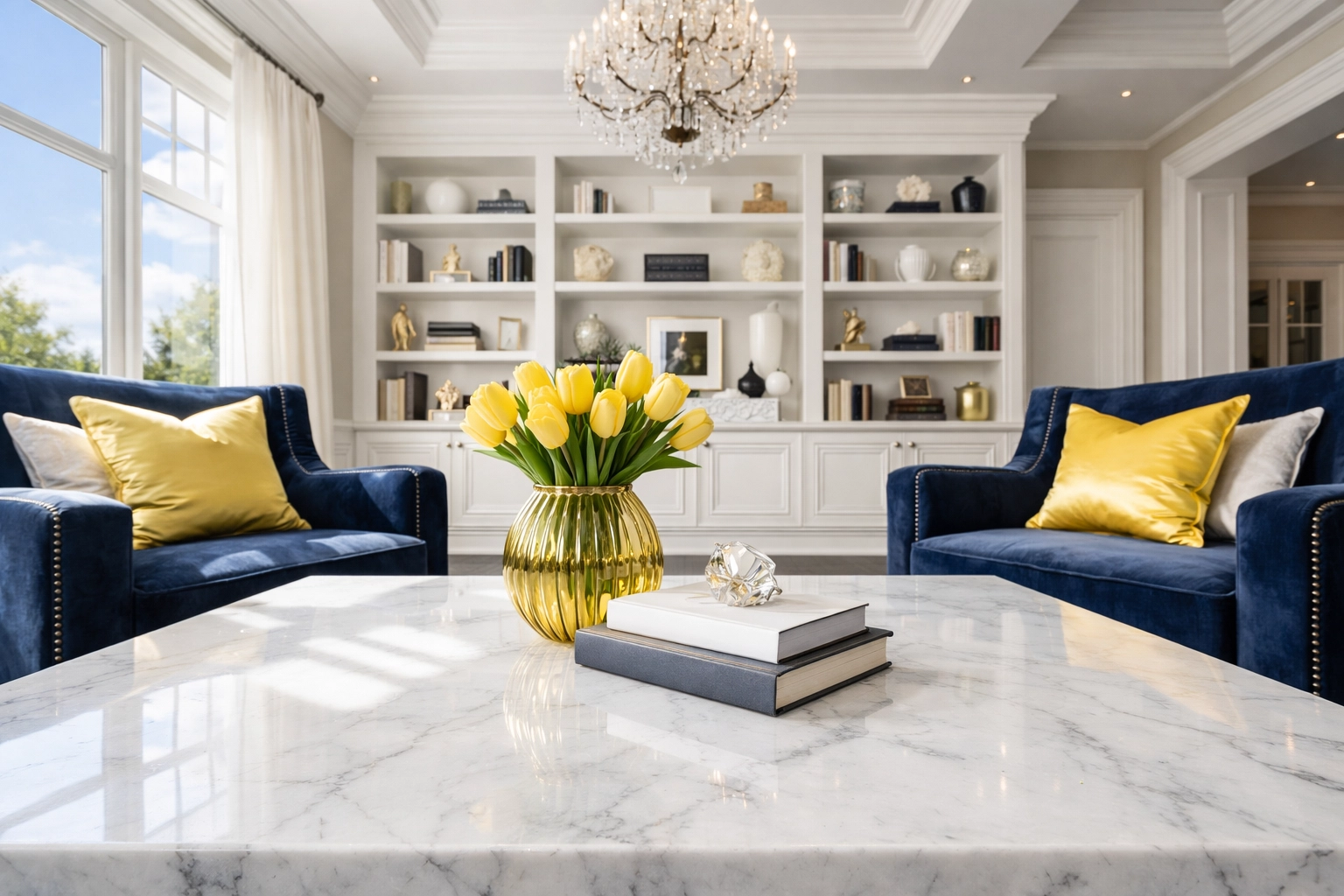 Luxury house cleaning in a Shrewsbury living room featuring white marble and navy blue decor.
