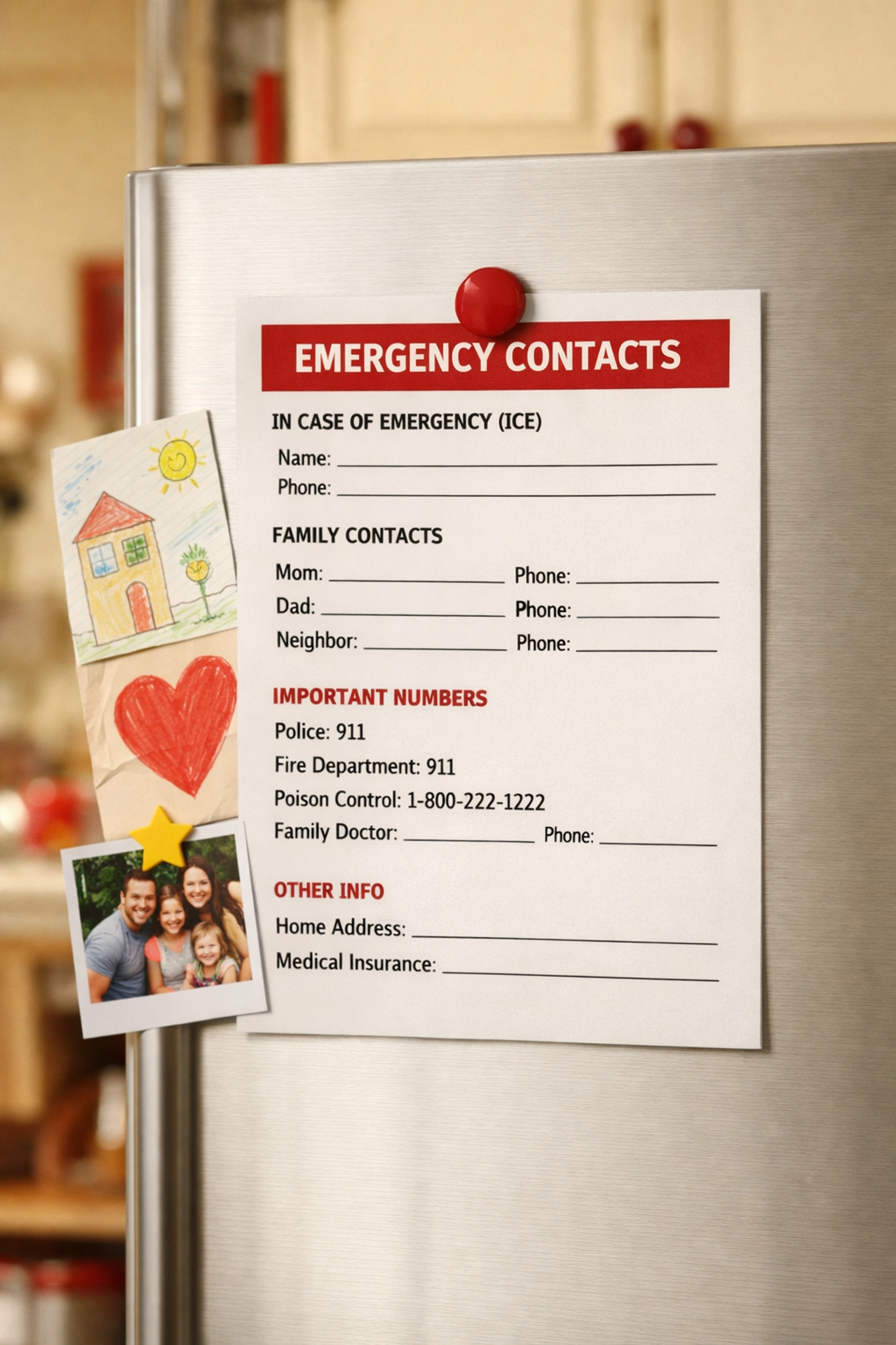 Emergency contact sheet posted on refrigerator with magnet for quick school reference