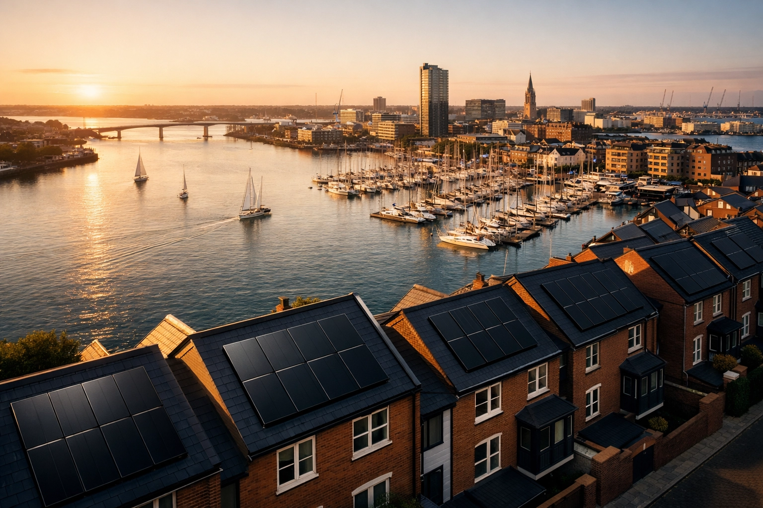 Aerial view of Southampton marina with solar panels installed on British townhouse rooftops