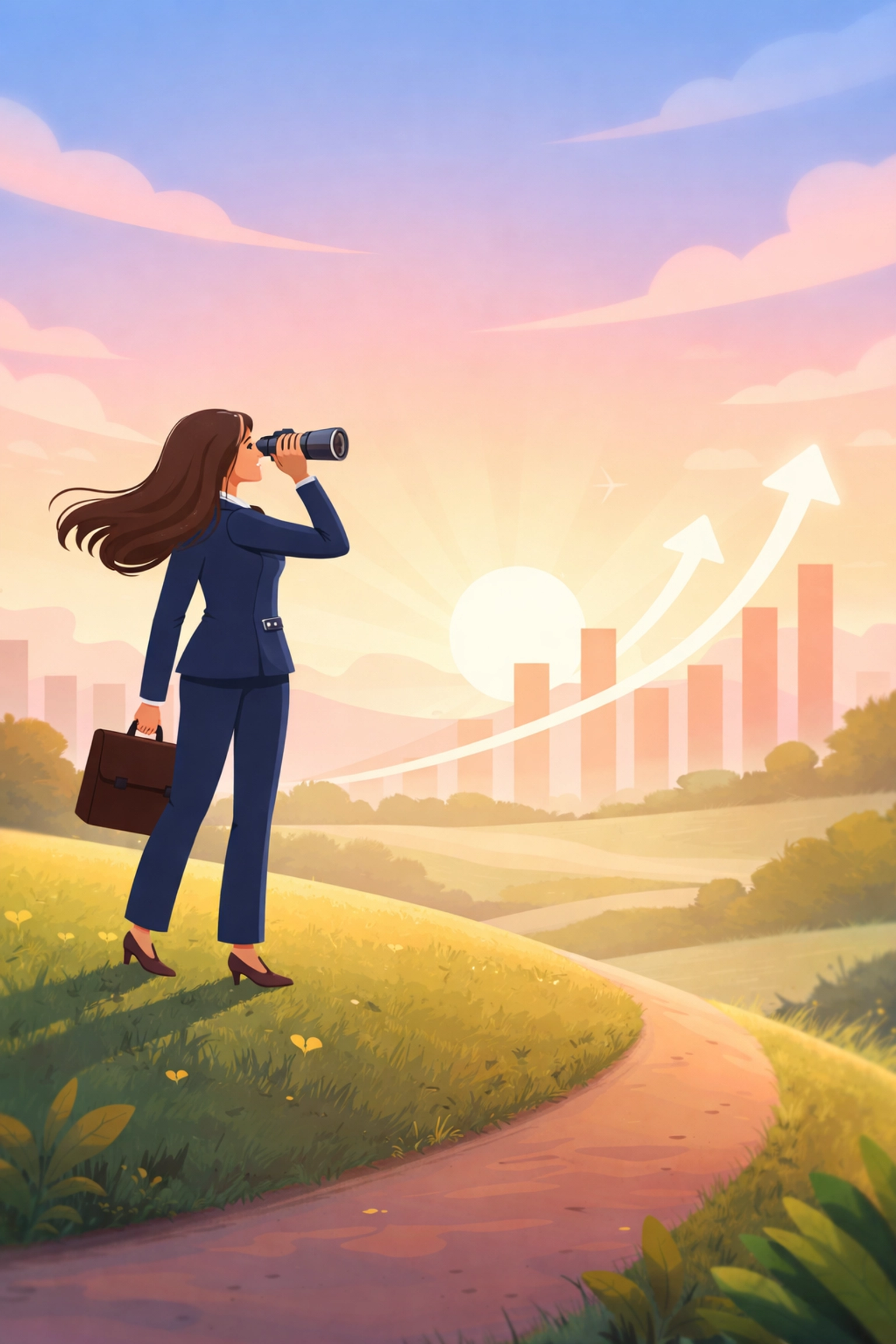 Business owner scanning a clear horizon with growth charts, symbolizing the forward-thinking benefits of unified systems for SMBs.