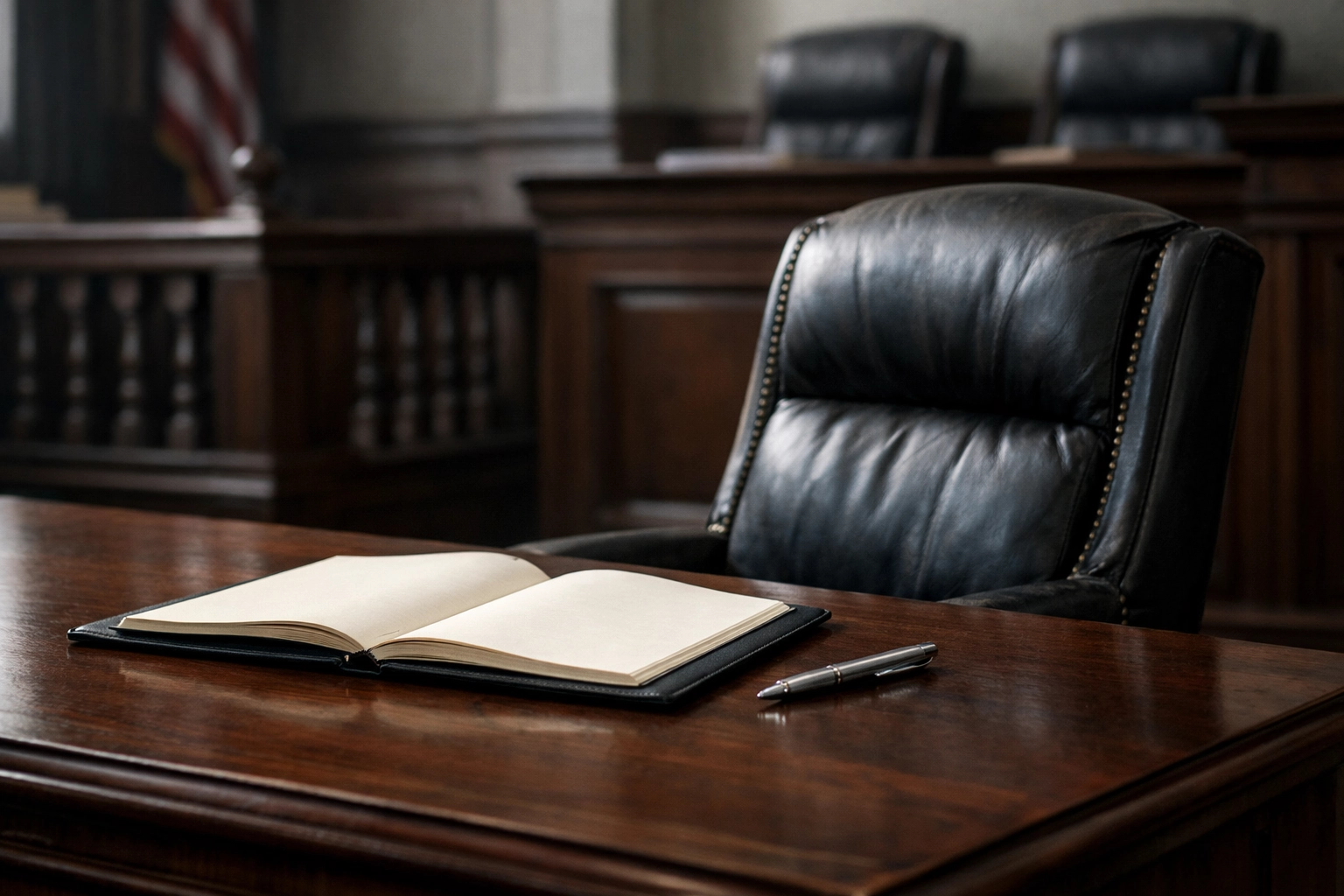 An empty defense table and chair in a courtroom symbolizing a failure in effective legal representation.