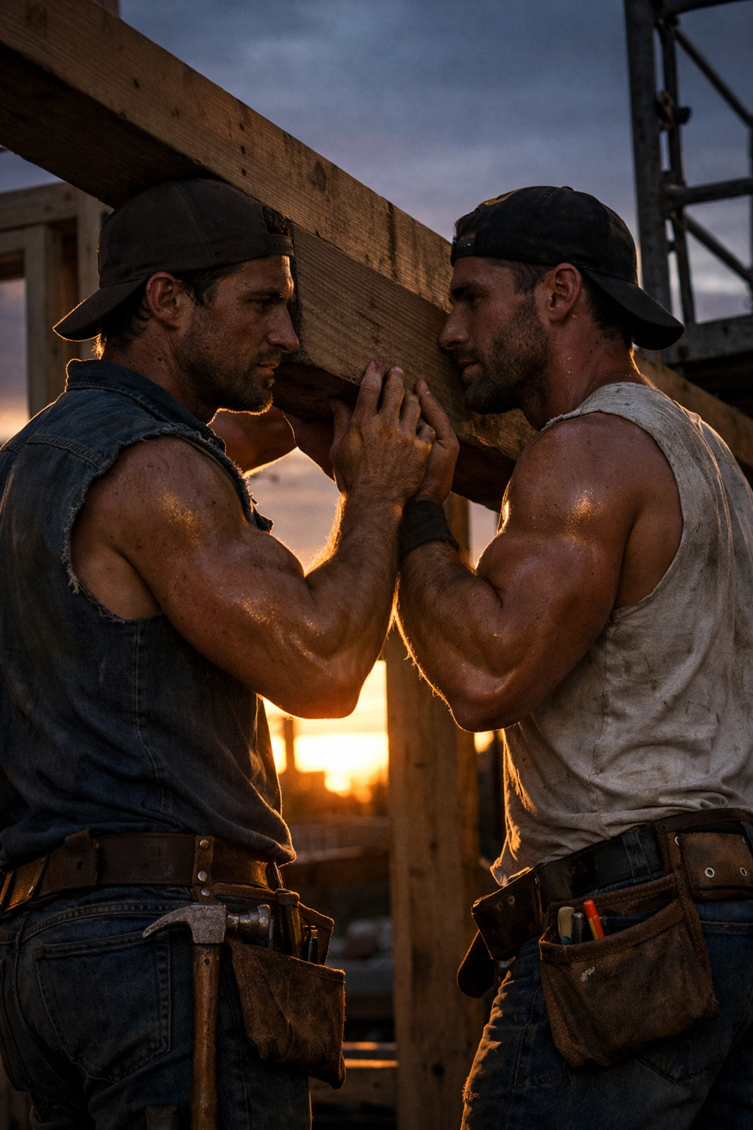 Two muscular handymen working together at a construction site, capturing the rugged allure of gay romance stories.