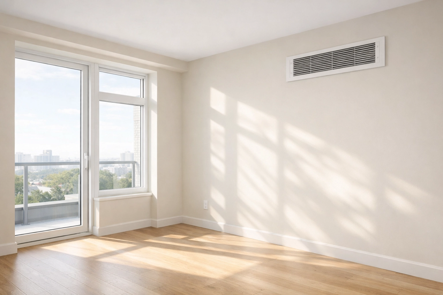 Bright natural light streaming through clean apartment windows with HVAC vent showing air quality