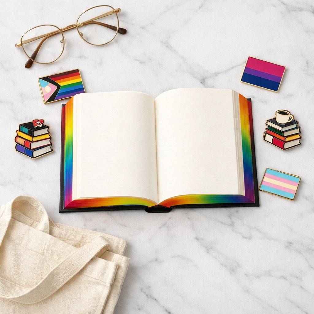 Flat-lay of rainbow book edges and pride enamel pins, featuring creative gift ideas for the queer reader.