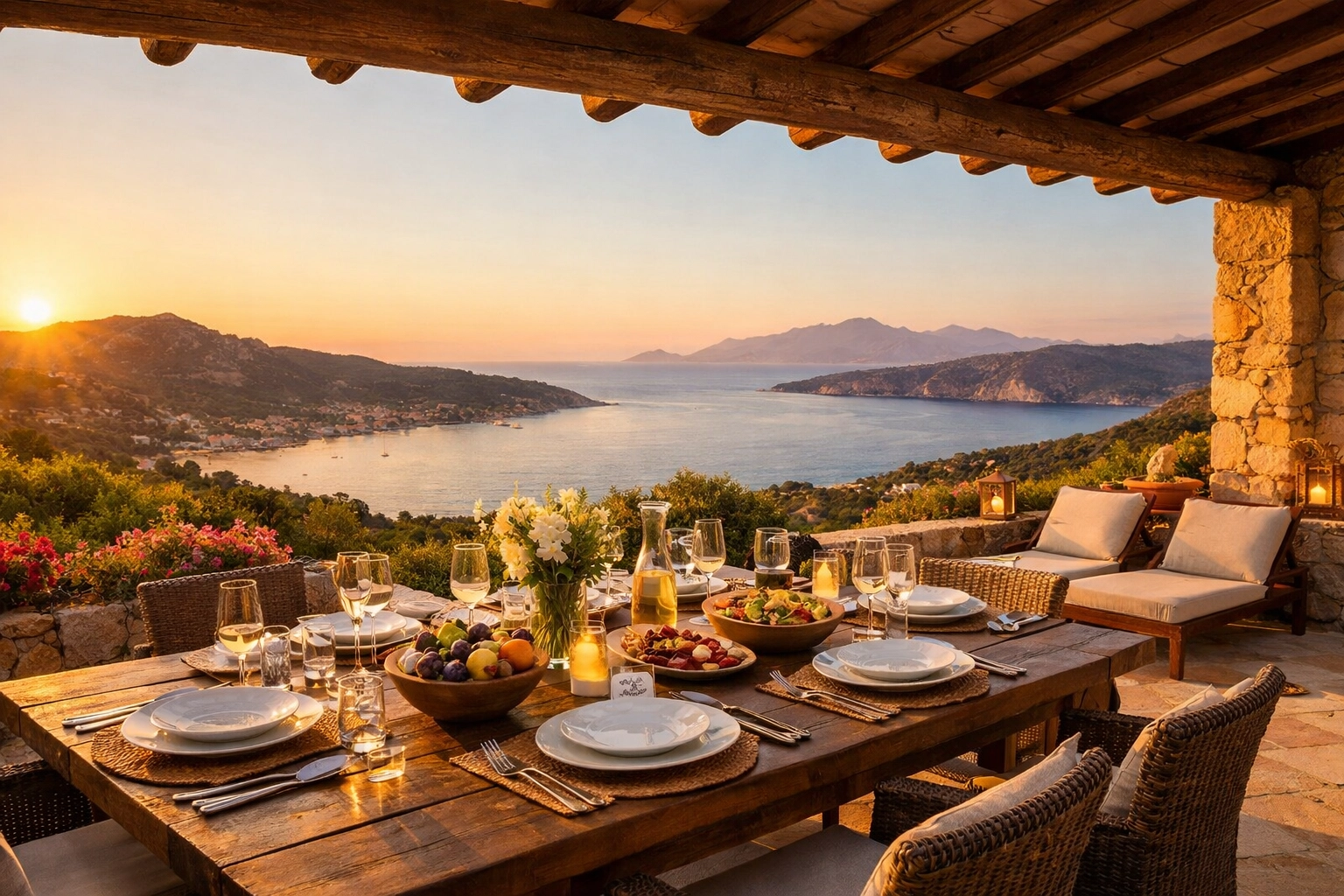 North West Sardinia villa terrace with panoramic sea view and al fresco dining