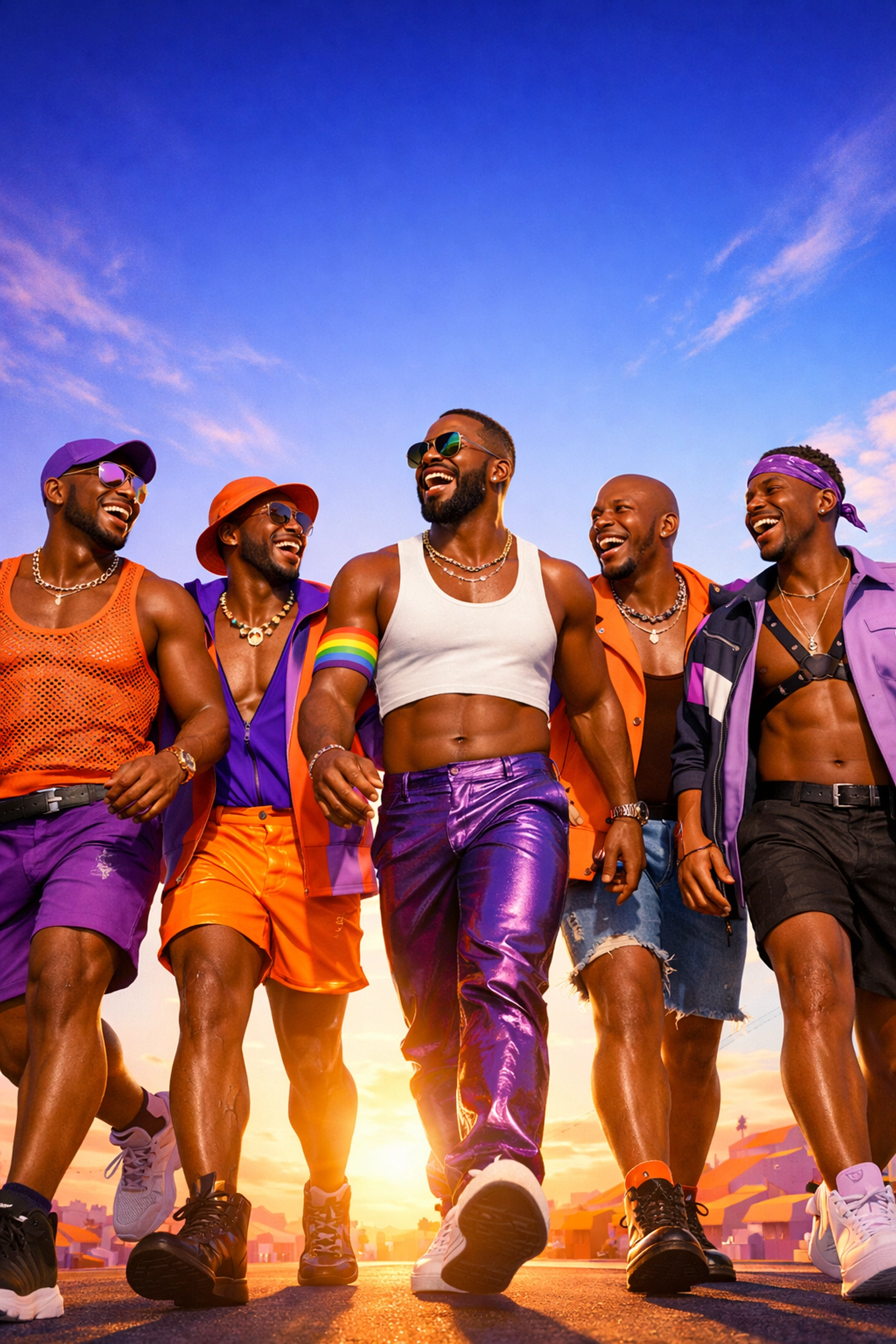 A diverse group of Black queer men walking forward with hope, symbolizing community-led progress in Africa.