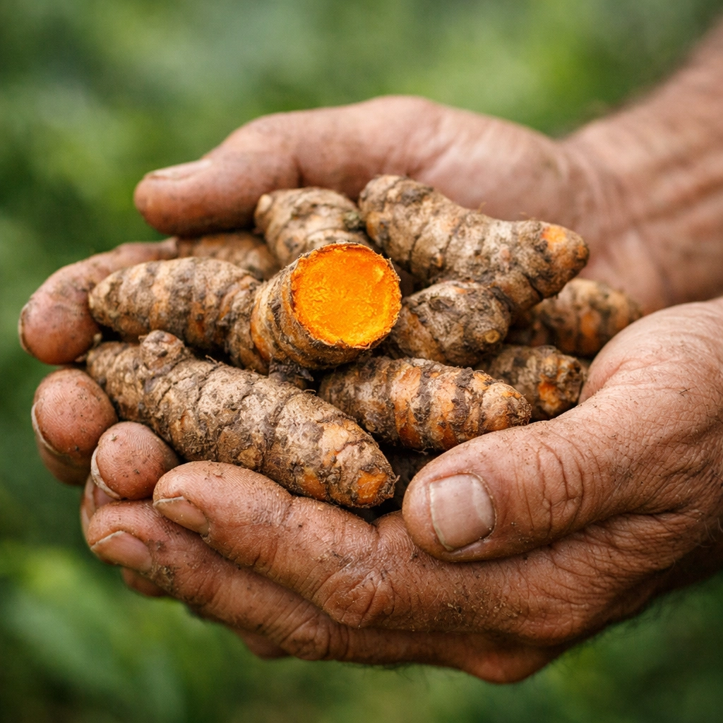 Hands holding freshly harvested turmeric roots at a Kerala spice farm.