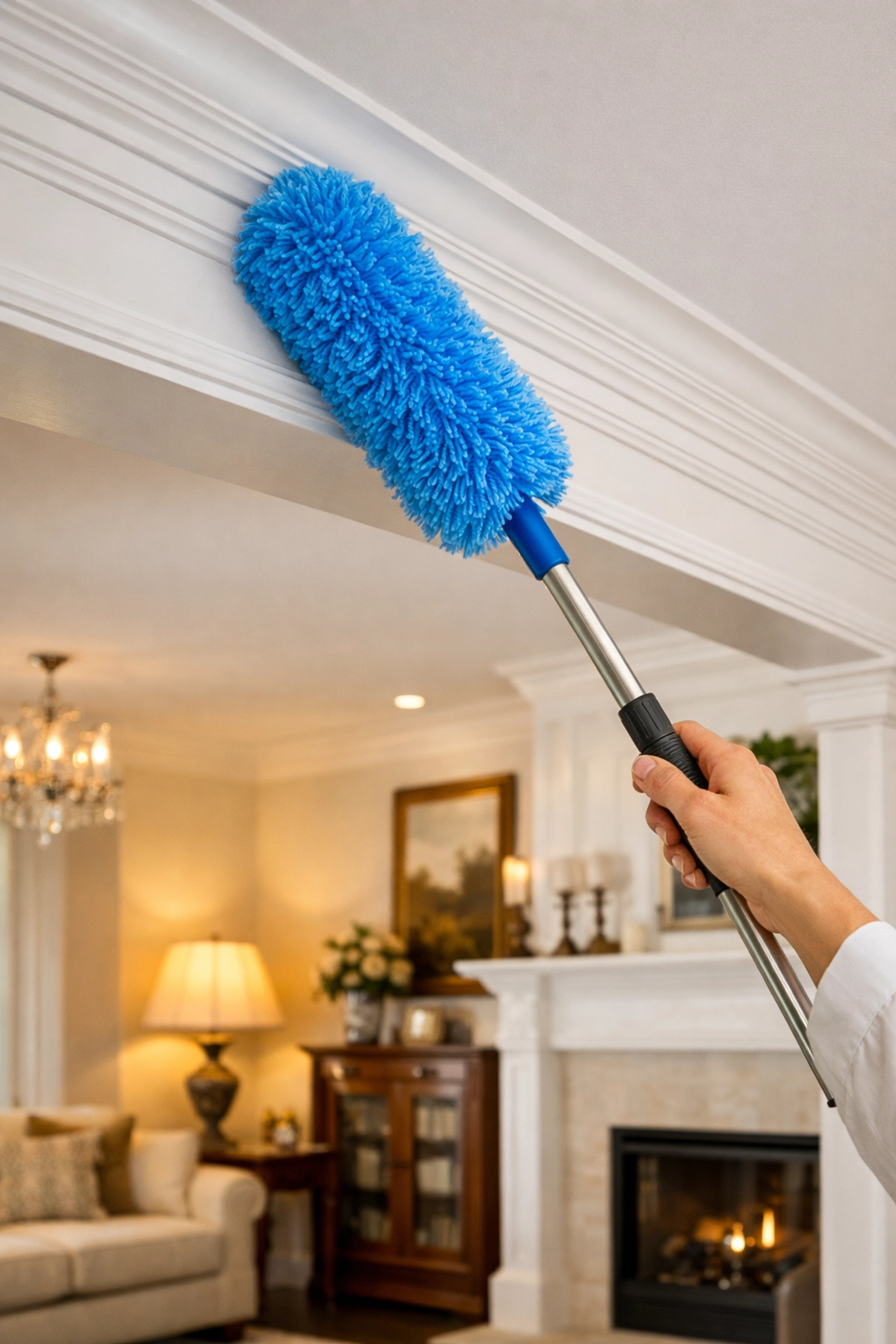 Professional duster cleaning crown molding in a Westford home, demonstrating the top-to-bottom method.