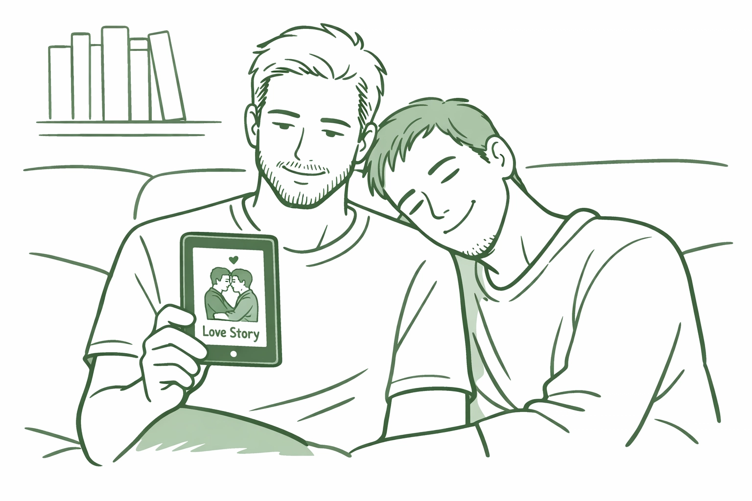 Two men reading gay romance ebook together on couch with bookshelf