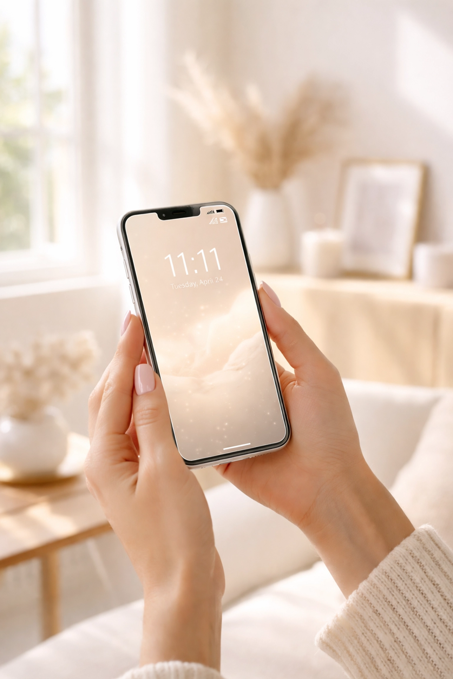Woman holding a phone showing 11:11, symbolizing heaven numbers and spiritual synchronicity in daily life