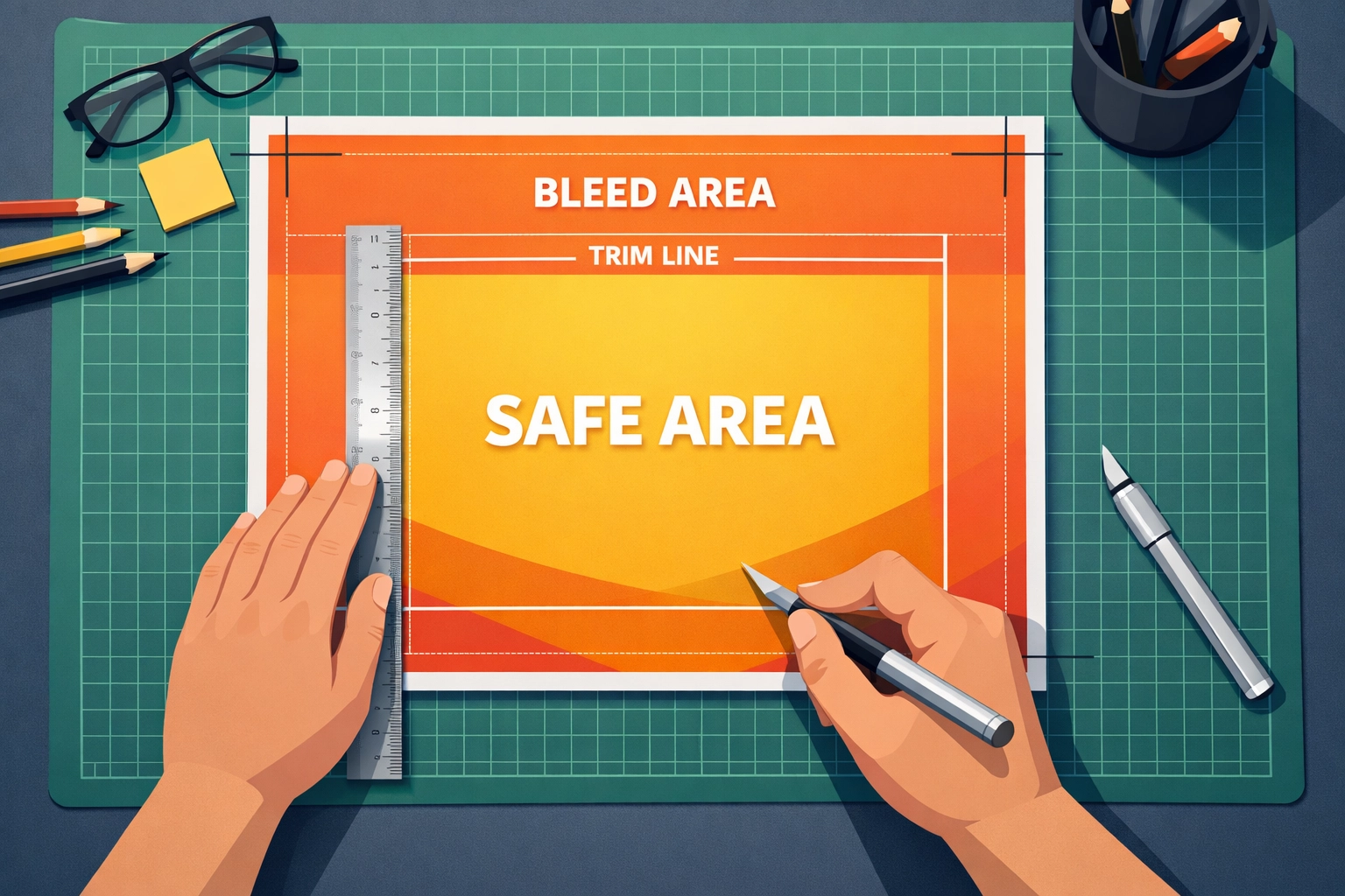 Print design workspace showing bleed area extending beyond trim line with crop marks