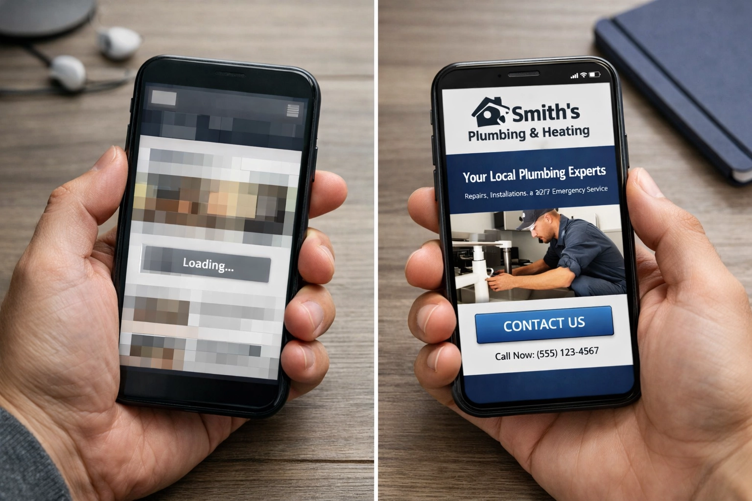 Comparison of slow generic website vs fast optimized local business website on mobile phones