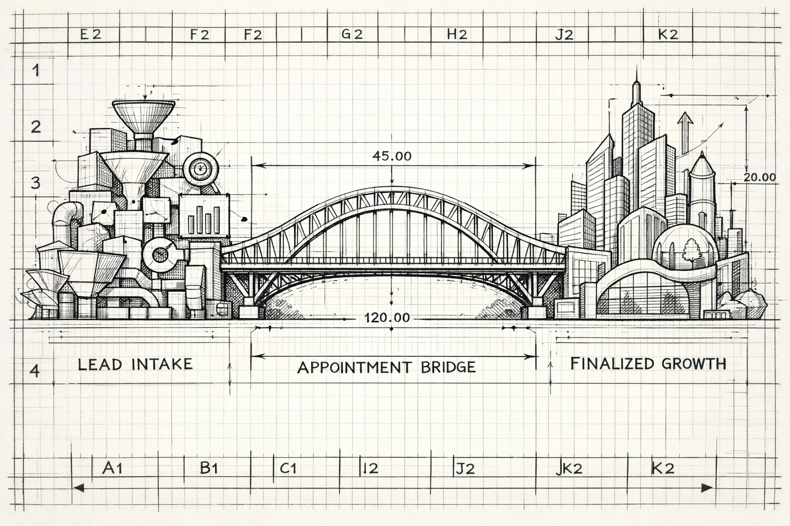 Blueprint bridge representing appointment setting services connecting lead intake to scalable business growth.