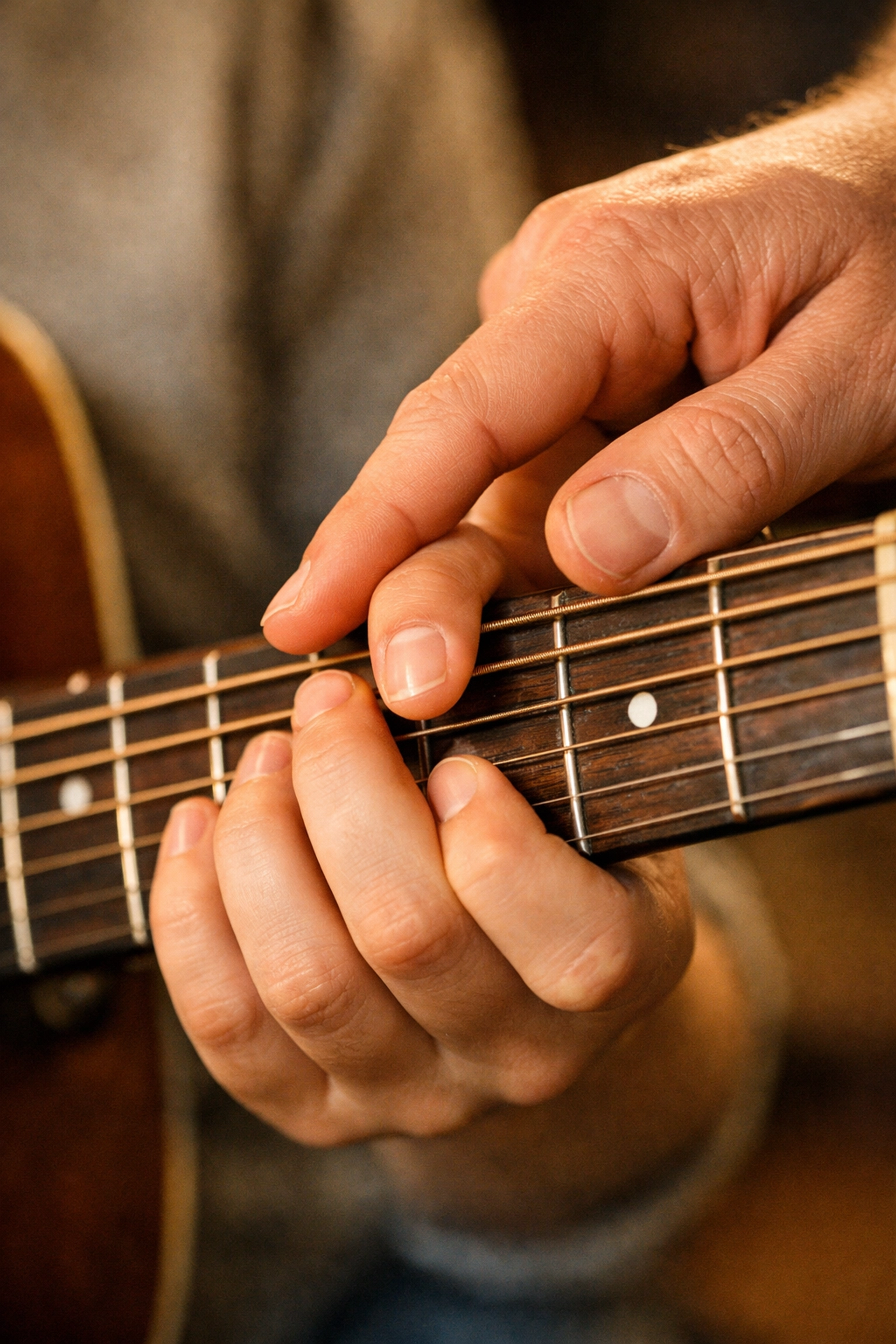 Close-up of guitar instructor correcting finger placement during adult guitar lessons.