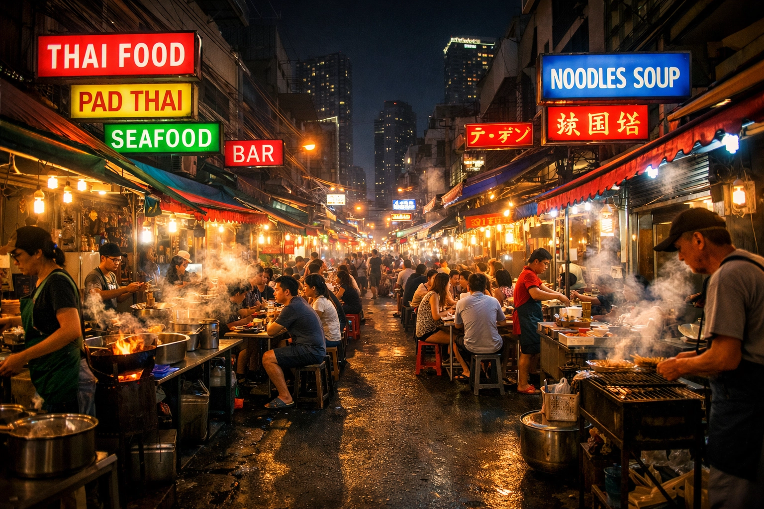 Night street food market in Bangkok with glowing signs and vendors, capturing the vibrant atmosphere of cheap eats.