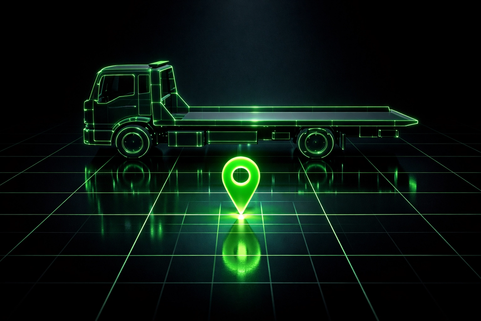 Modern flatbed tow truck silhouette with a location pinpoint on a digital grid for Sacramento towing SEO.