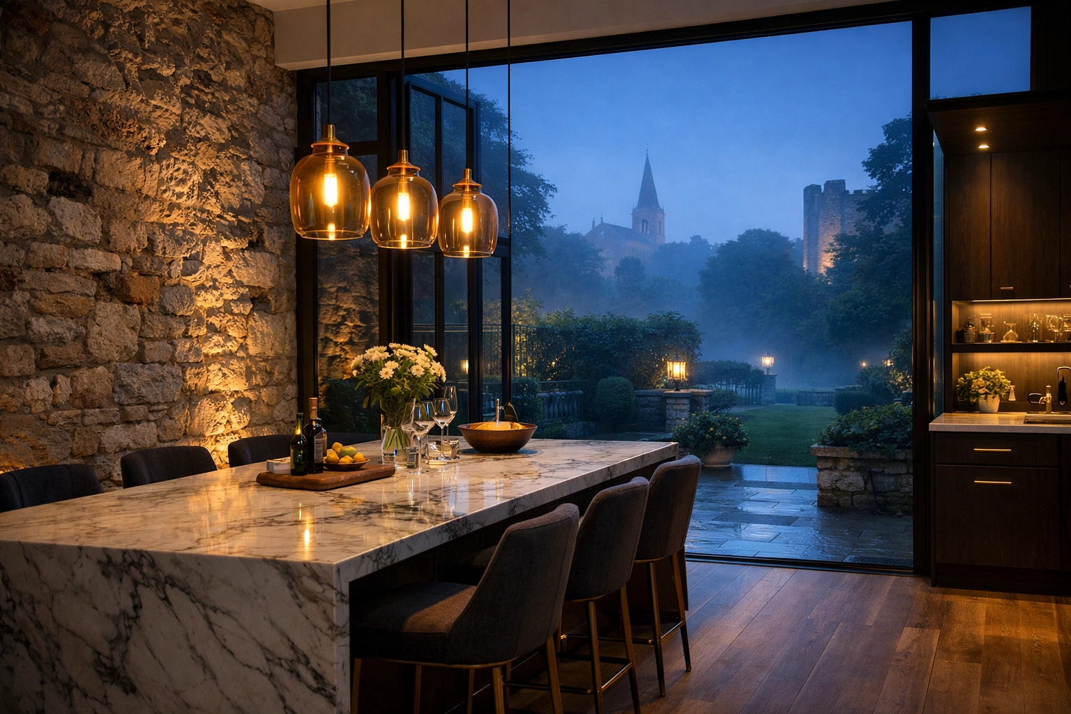 Modern kitchen extension in Arundel featuring an original 18th-century stone heritage wall.
