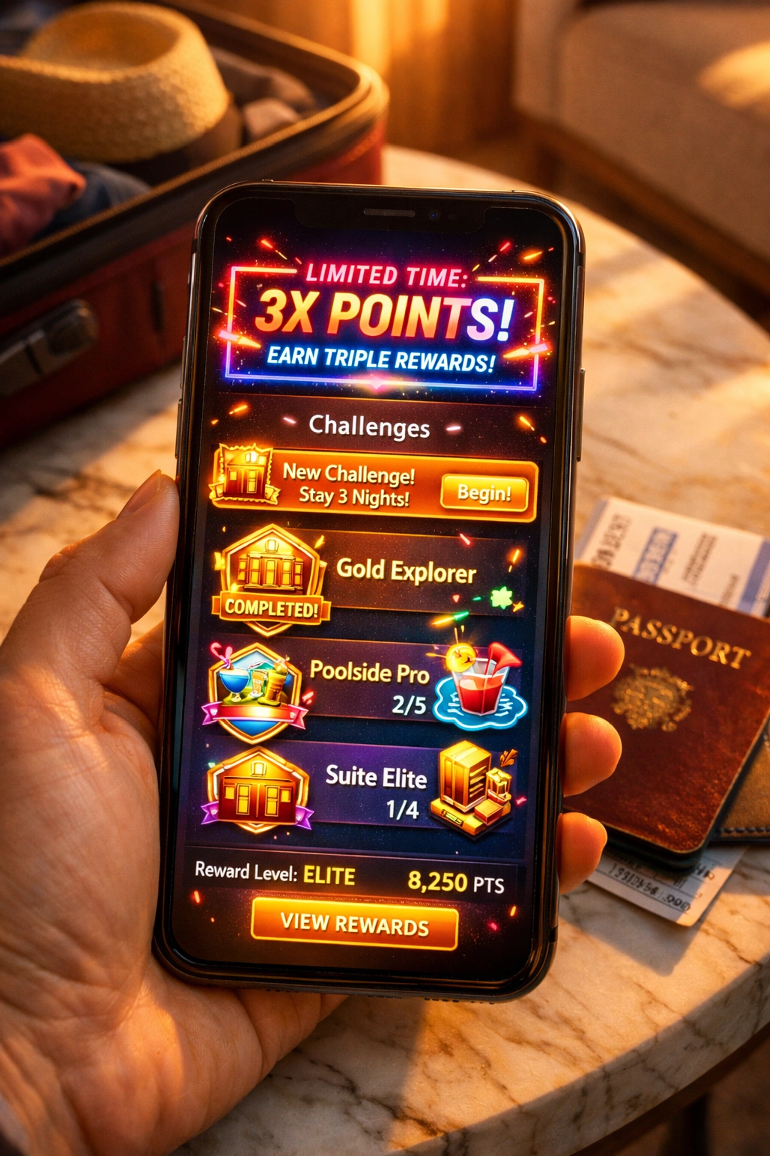 Hotel loyalty app displaying limited-time triple points challenge with packed suitcase and travel documents