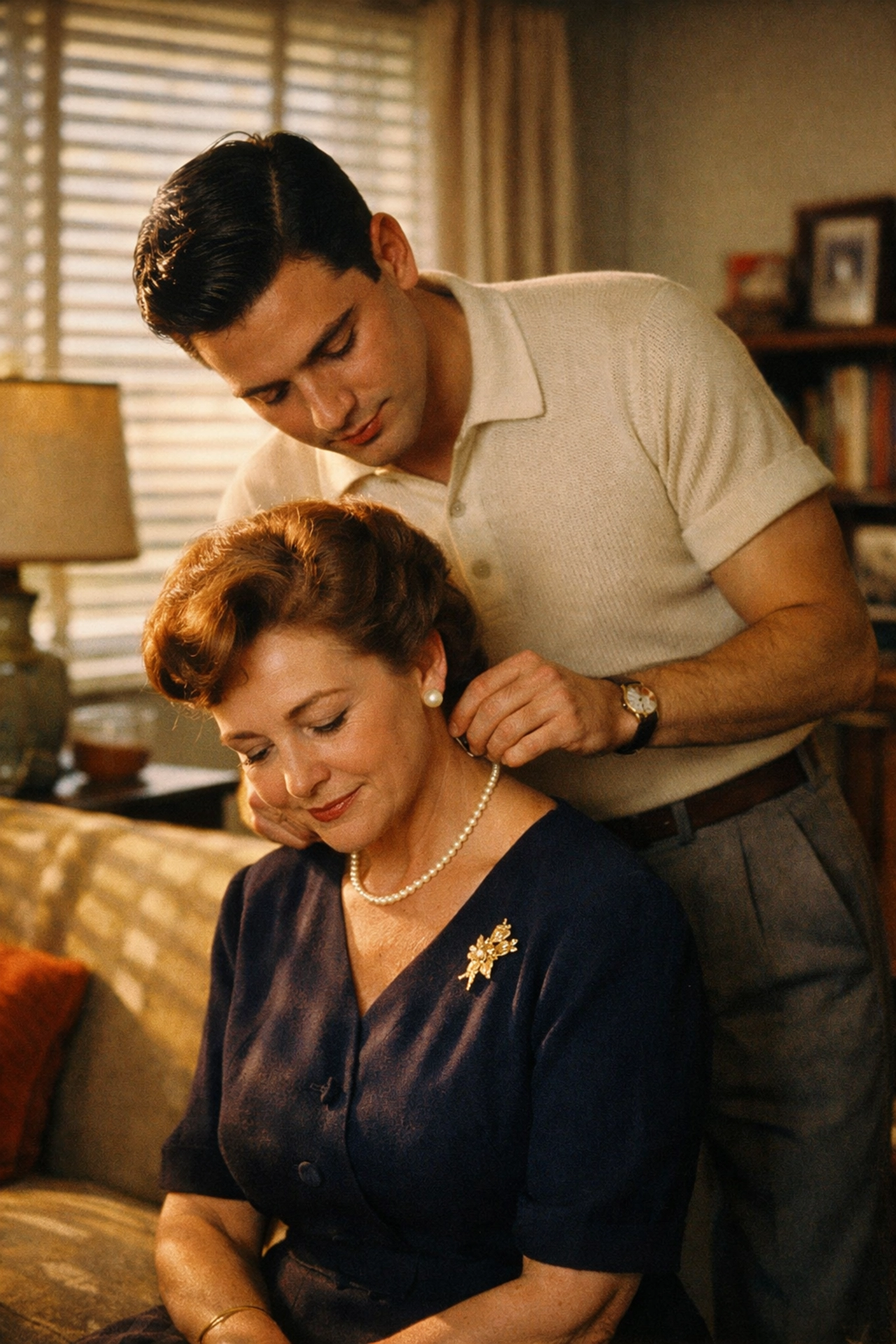 A gay son in 1950s suburbia helps his mother with a pearl necklace, showing their quiet, historical bond.