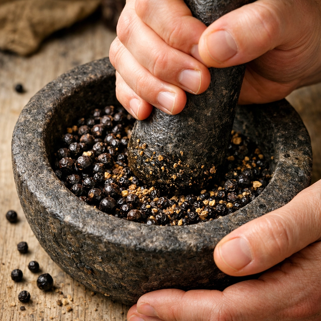 Grinding whole Tellicherry black peppercorns in a stone mortar and pestle for maximum freshness and flavor.